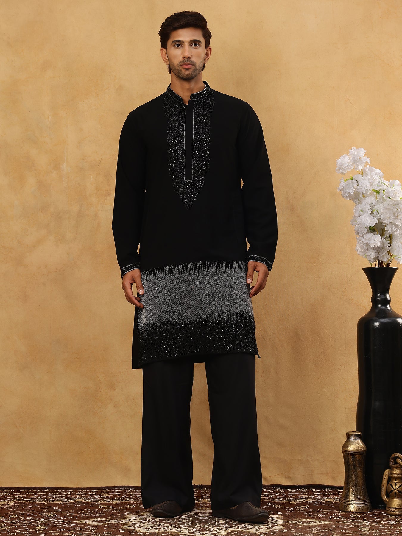 Japanese Imported Embroidered Kurta Set ( 65KP PJ11B 5502Black )