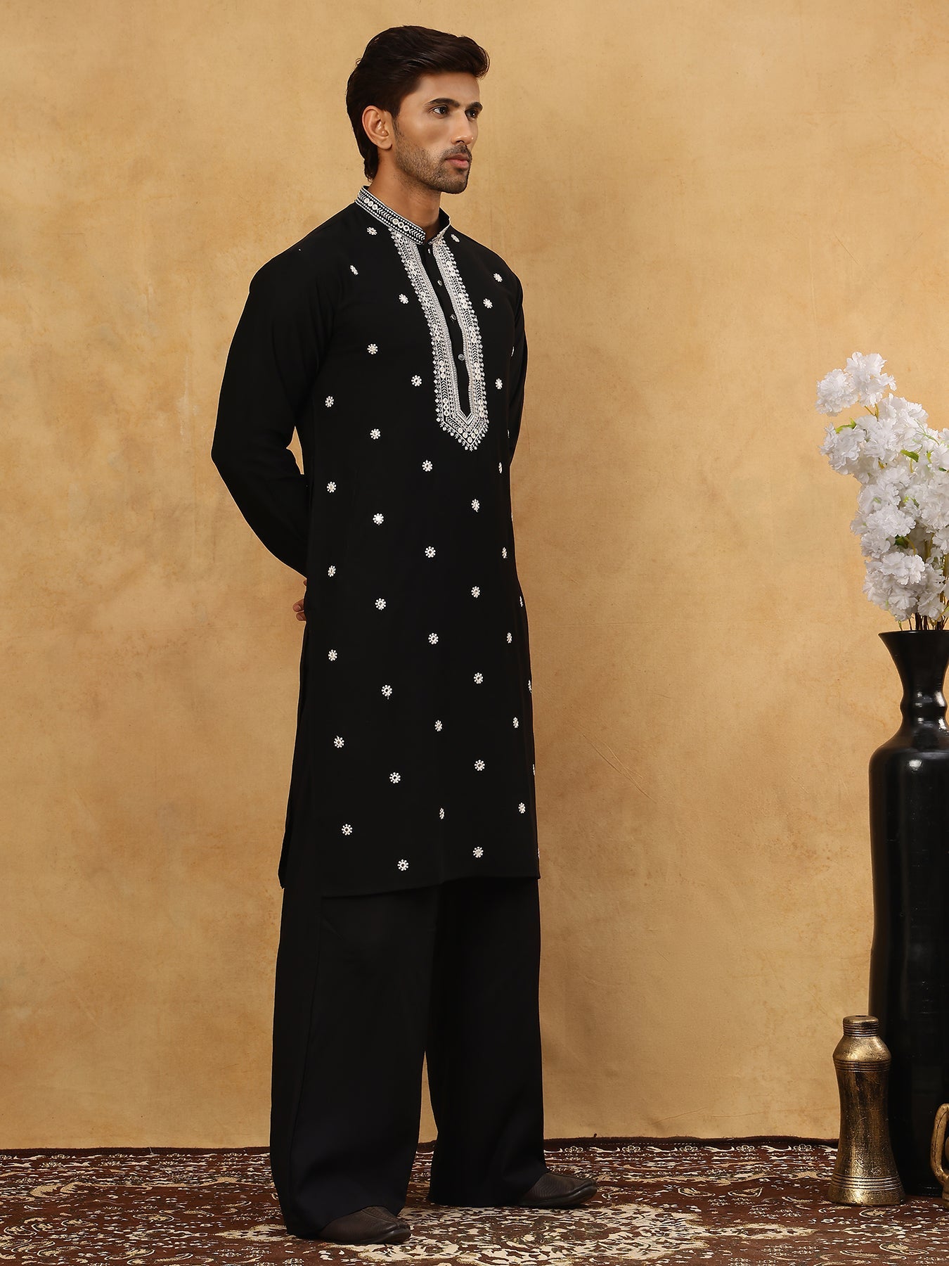 Men's Japanese Imported Embroidered Kurta Set ( 65KP PJ11B 5504Black )