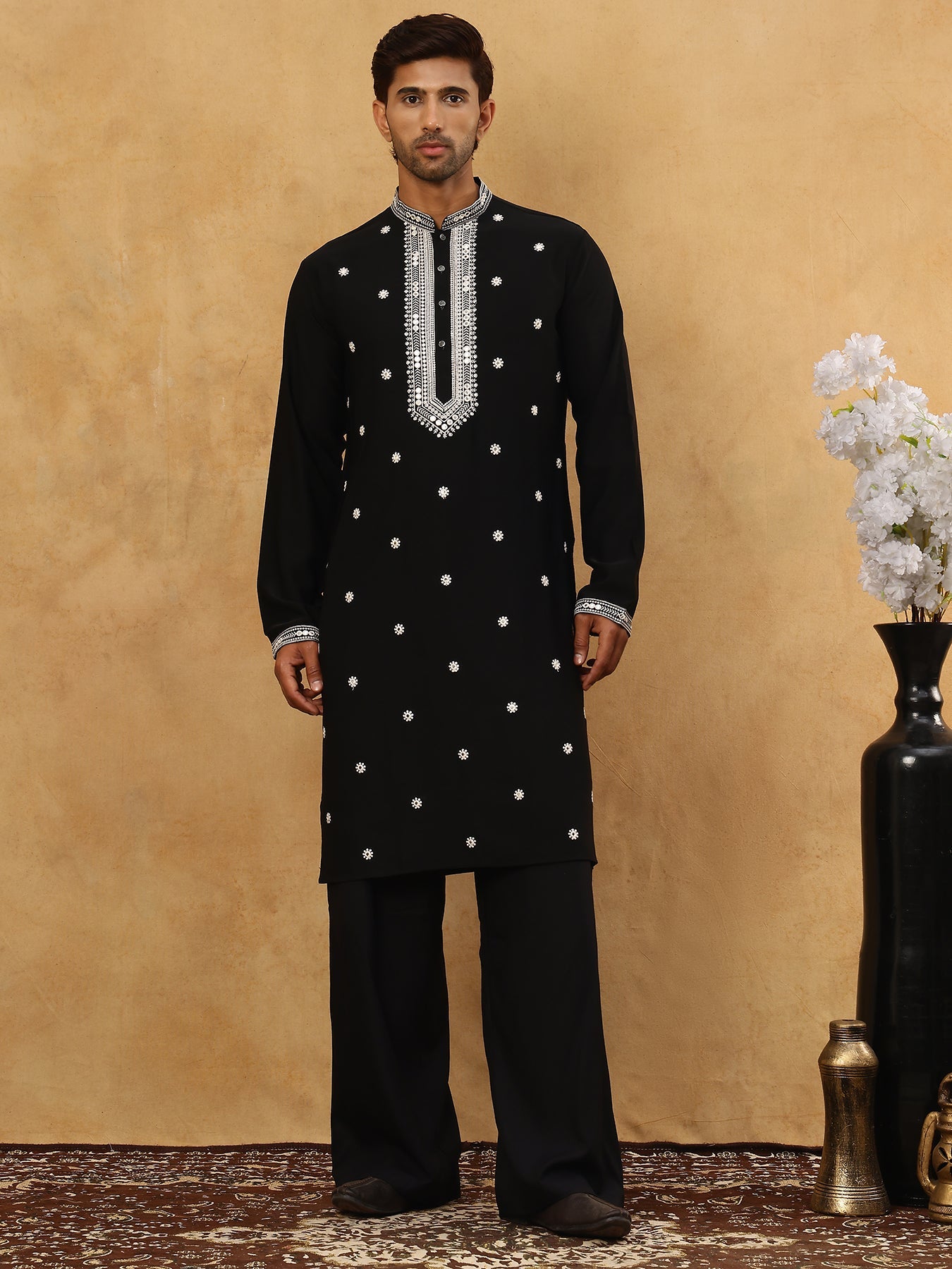 Men's Japanese Imported Embroidered Kurta Set ( 65KP PJ11B 5504Black )