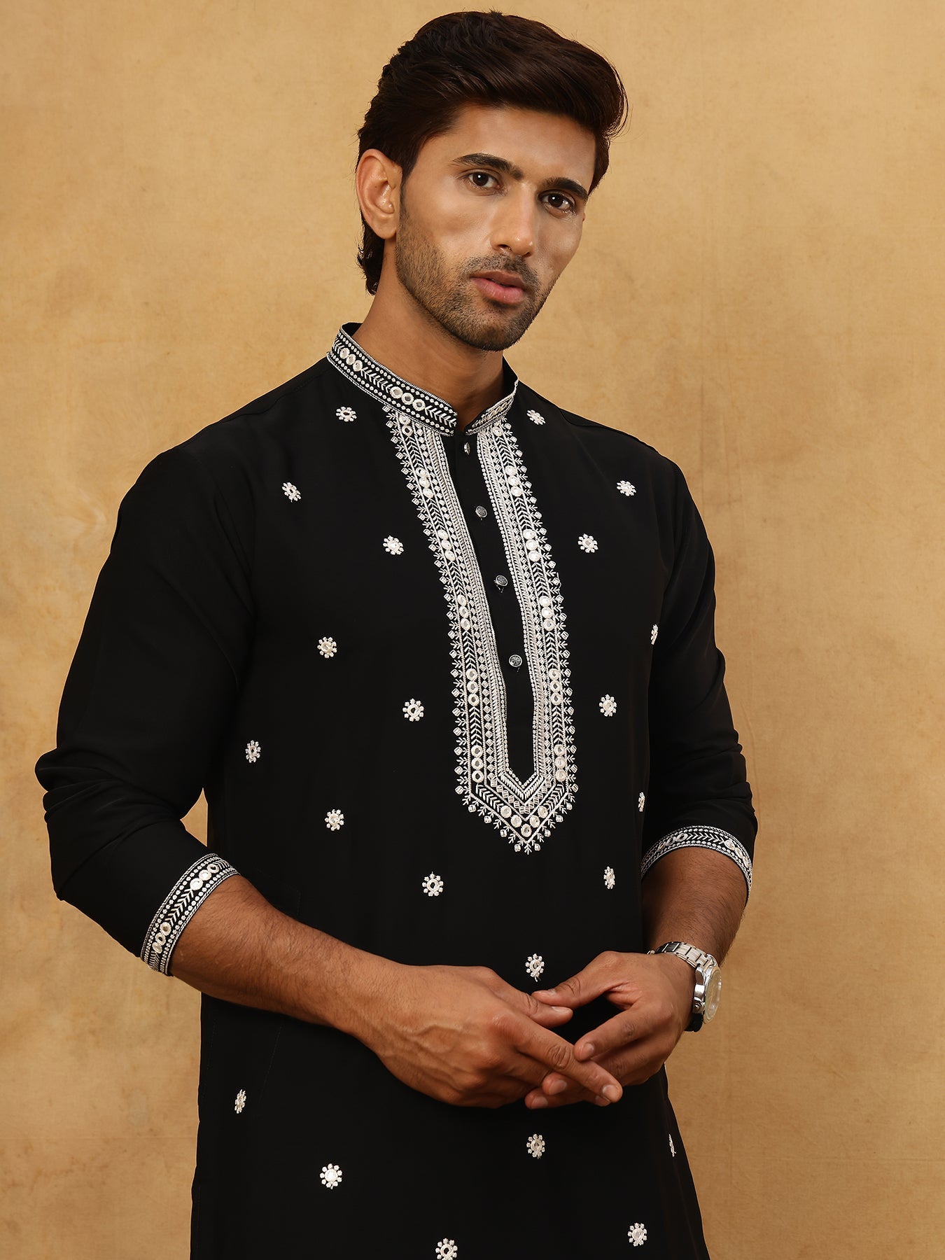 Men's Japanese Imported Embroidered Kurta Set ( 65KP PJ11B 5504Black )