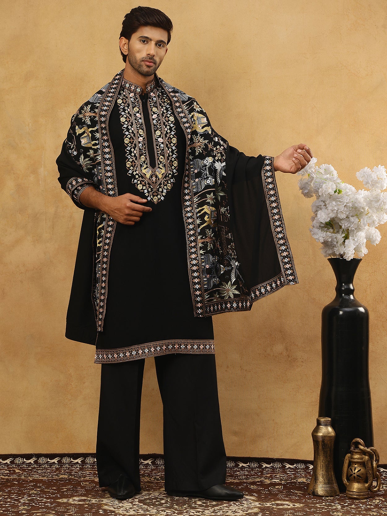 Embroidered Cotton Blend Kurta Pyjama & Dupatta Set ( 65KP PJ11B D 5513Black )
