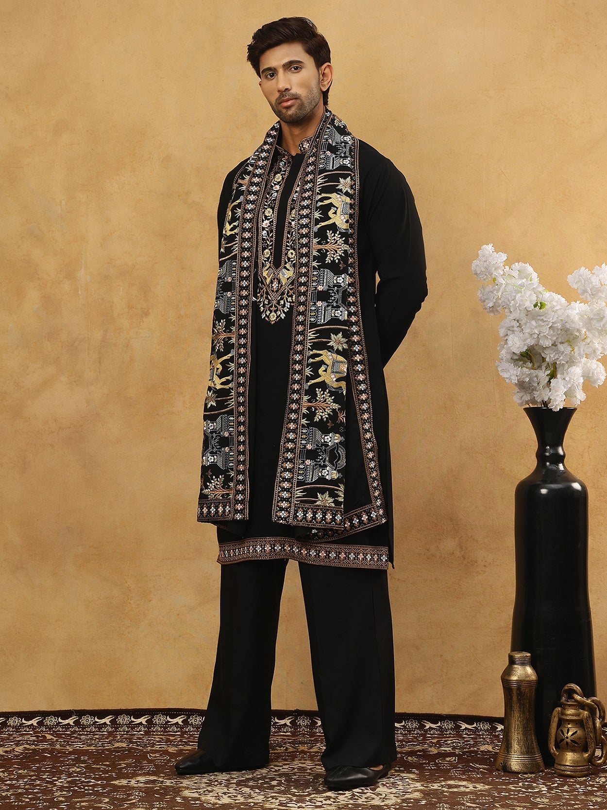 Embroidered Cotton Blend Kurta Pyjama & Dupatta Set ( 65KP PJ11B D 5513Black )