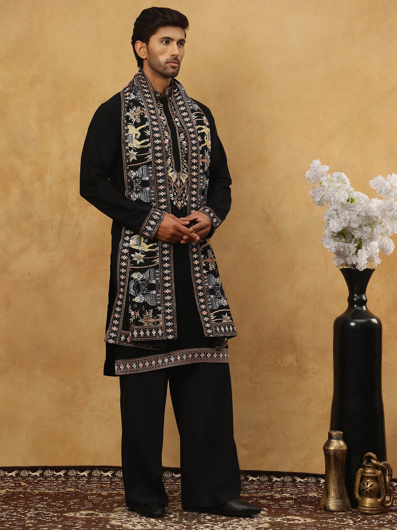 Embroidered Cotton Blend Kurta Pyjama & Dupatta Set ( 65KP PJ11B D 5513Black )