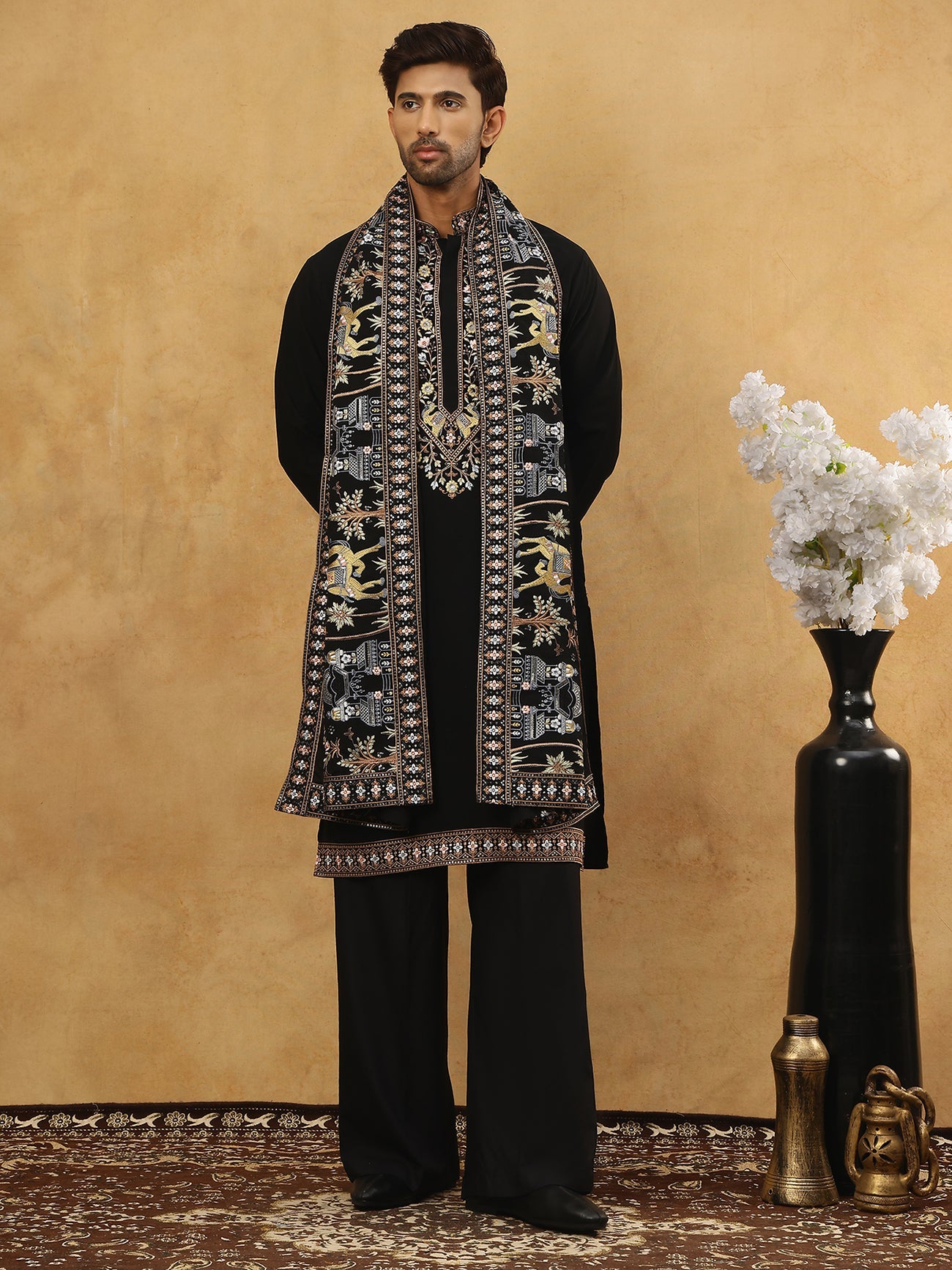 Embroidered Cotton Blend Kurta Pyjama & Dupatta Set ( 65KP PJ11B D 5513Black )