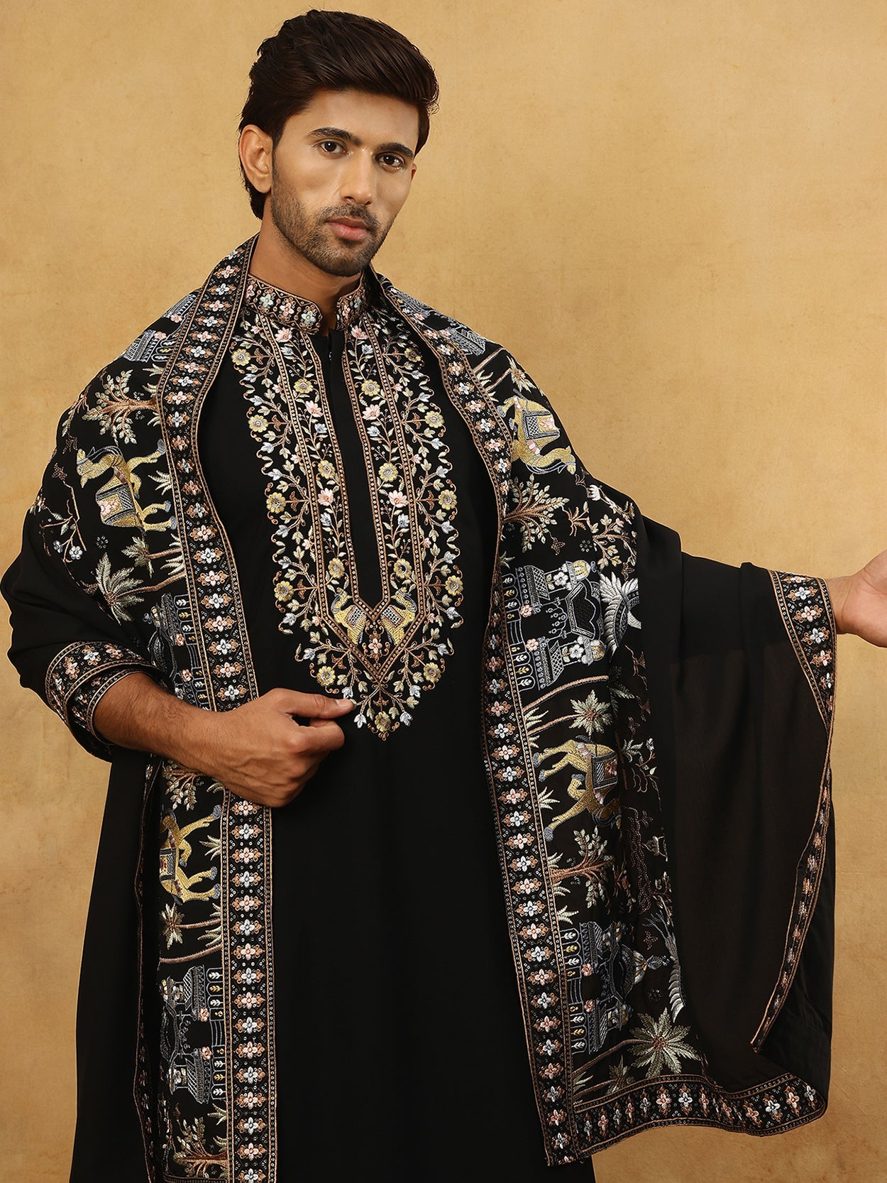 Embroidered Cotton Blend Kurta Pyjama & Dupatta Set ( 65KP PJ11B D 5513Black )