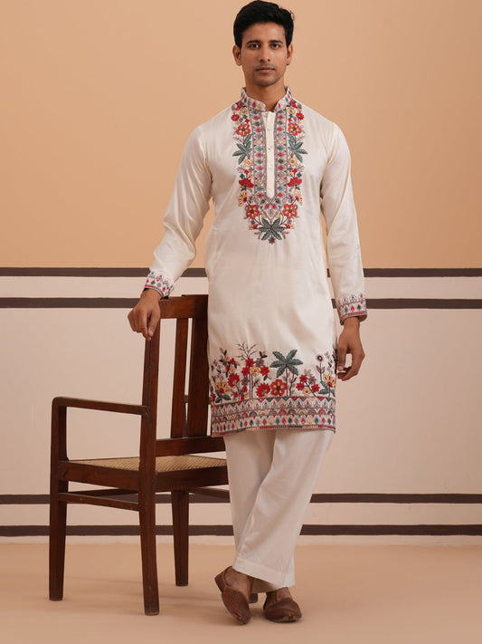 Floral Embroidered Silk Blend Kurta Set (65KP PJ11W 5356 White )