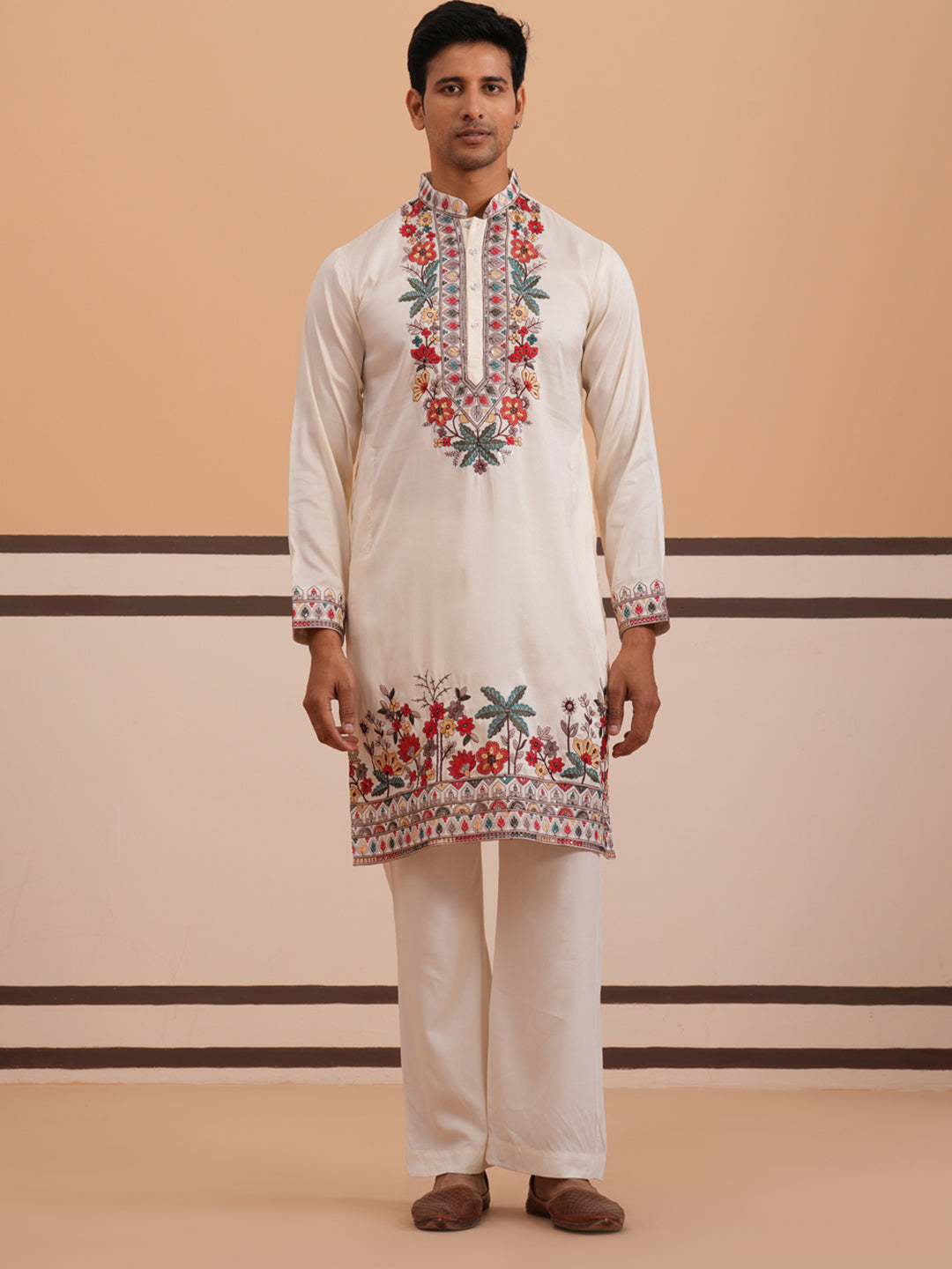 Floral Embroidered Silk Blend Kurta Set (65KP PJ11W 5356 White )