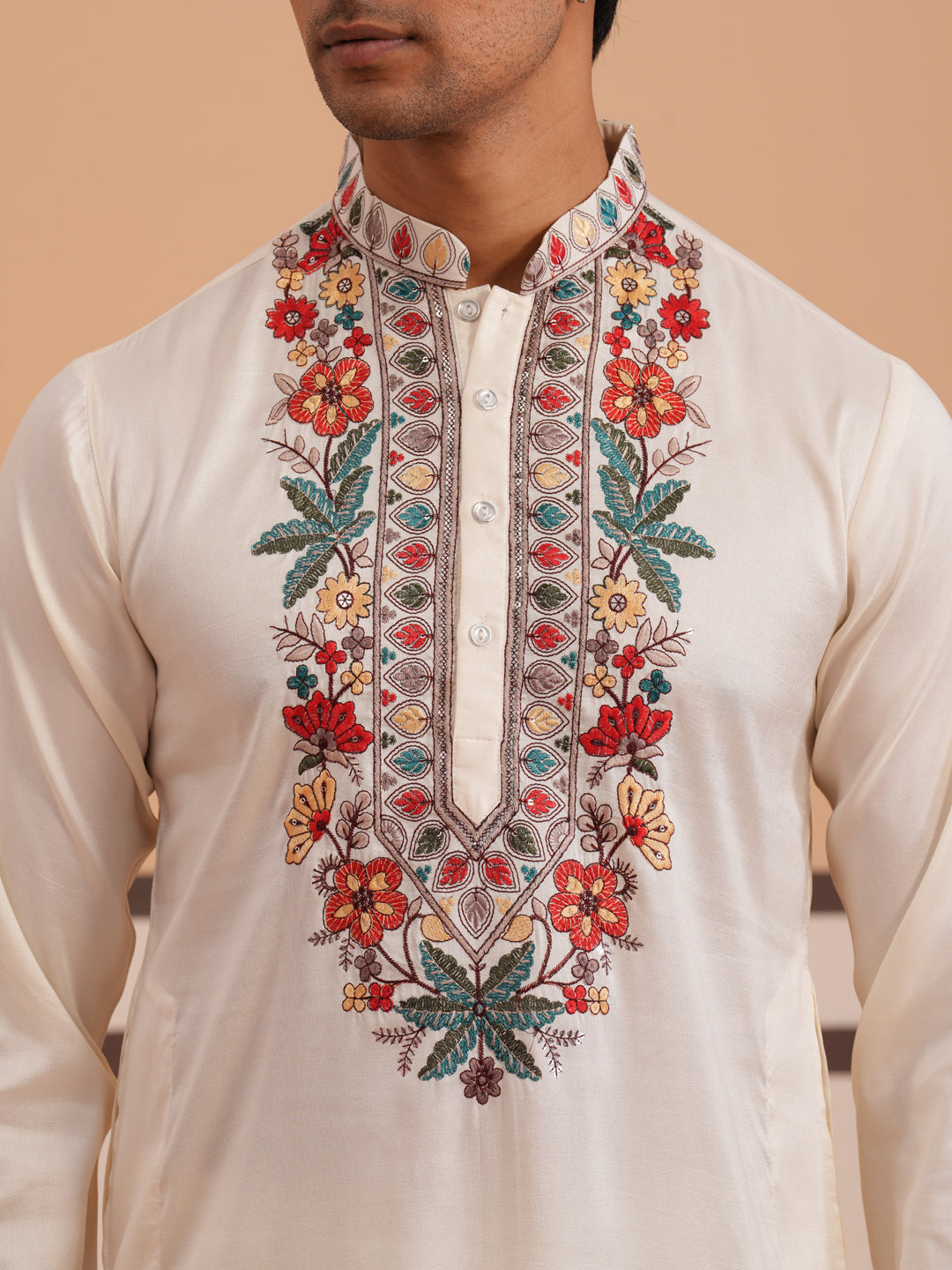 Floral Embroidered Silk Blend Kurta Set (65KP PJ11W 5356 White )