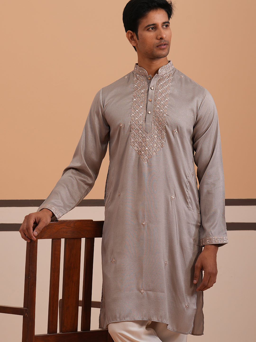 Men's Geometric Embroidered Kurta Set (65KP PJ11W 5358 Grey )