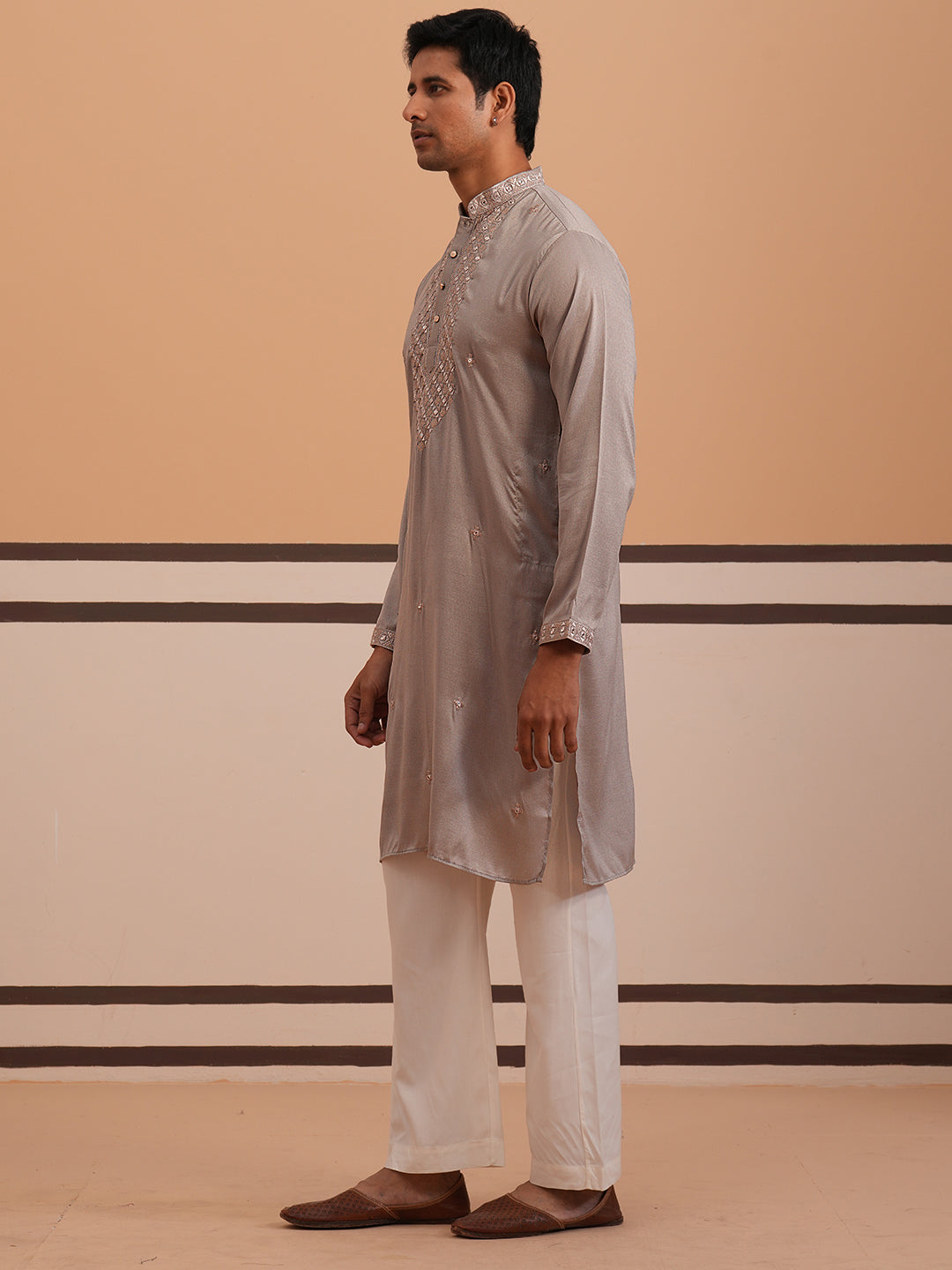 Men's Geometric Embroidered Kurta Set (65KP PJ11W 5358 Grey )