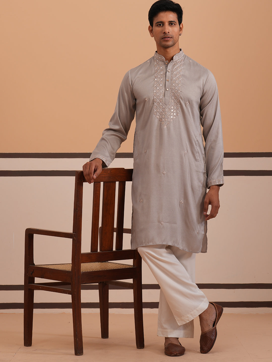 Men's Geometric Embroidered Kurta Set (65KP PJ11W 5358 Grey )