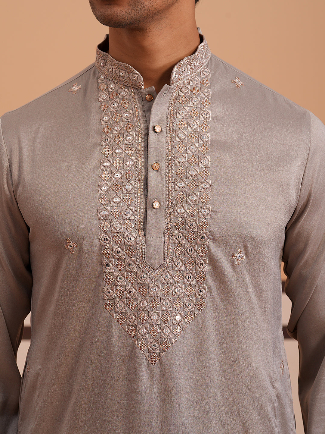Men's Geometric Embroidered Kurta Set (65KP PJ11W 5358 Grey )