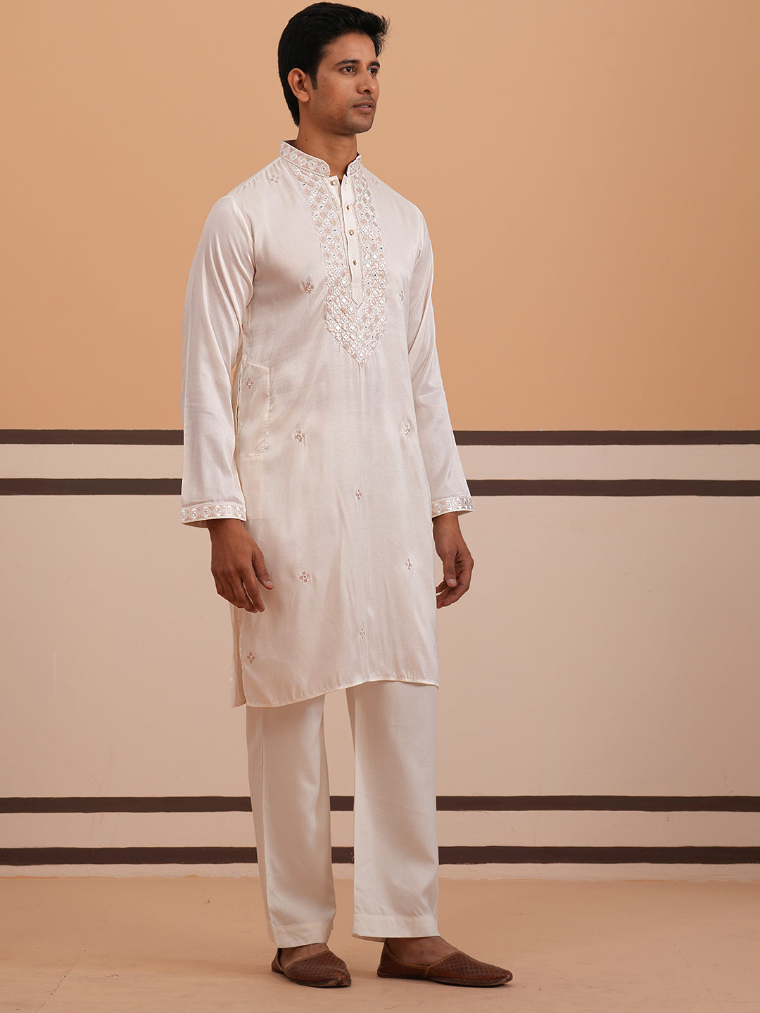 Men's Geometric Embroidered Kurta Set (65KP PJ11W 5358 White )