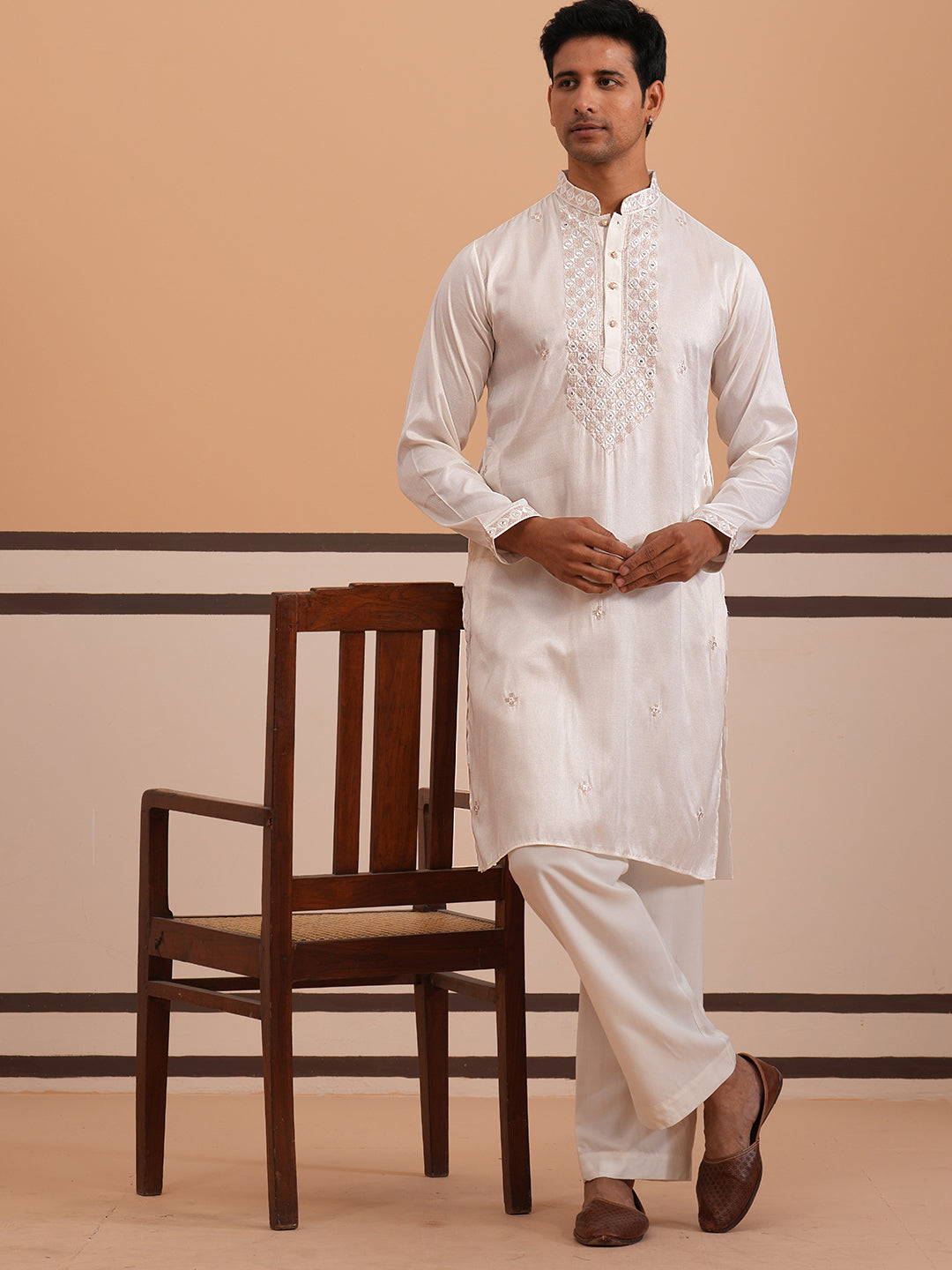 Men's Geometric Embroidered Kurta Set (65KP PJ11W 5358 White )