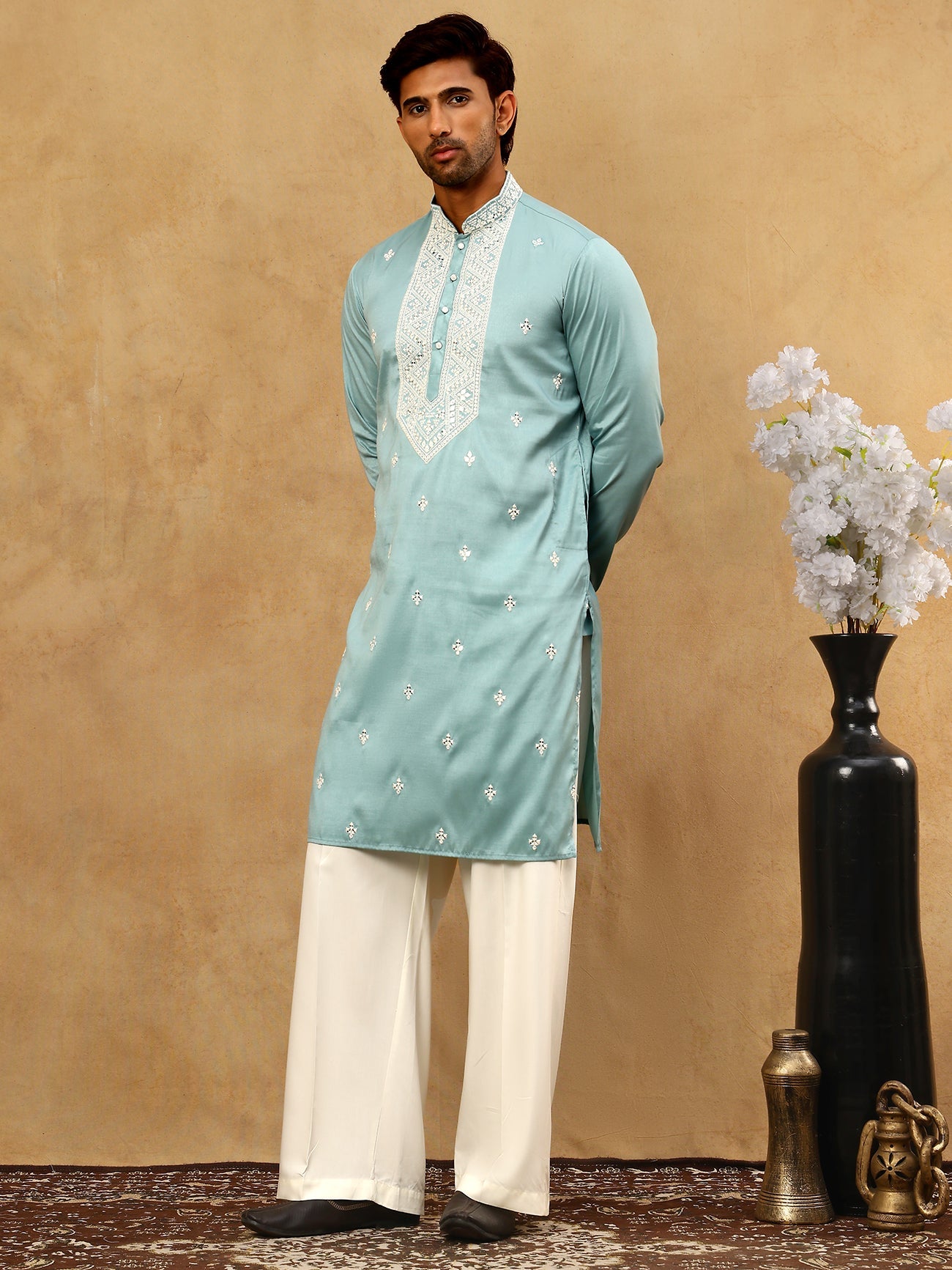 Men's Festive Cotton Blend Kurta Pyjama ( 65KP PJ11W 5360Blue )