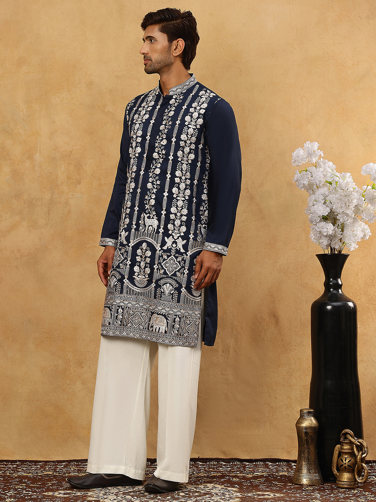 Men Silk Blend Embroidered Kurta Pyjama ( 65KP PJ11W 5415Navy )