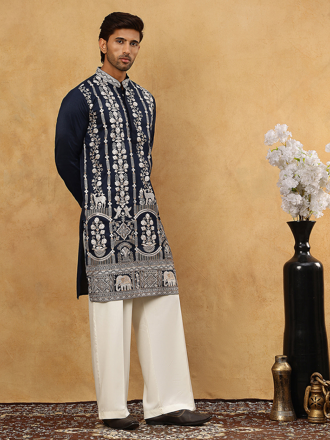 Men Silk Blend Embroidered Kurta Pyjama ( 65KP PJ11W 5415Navy )
