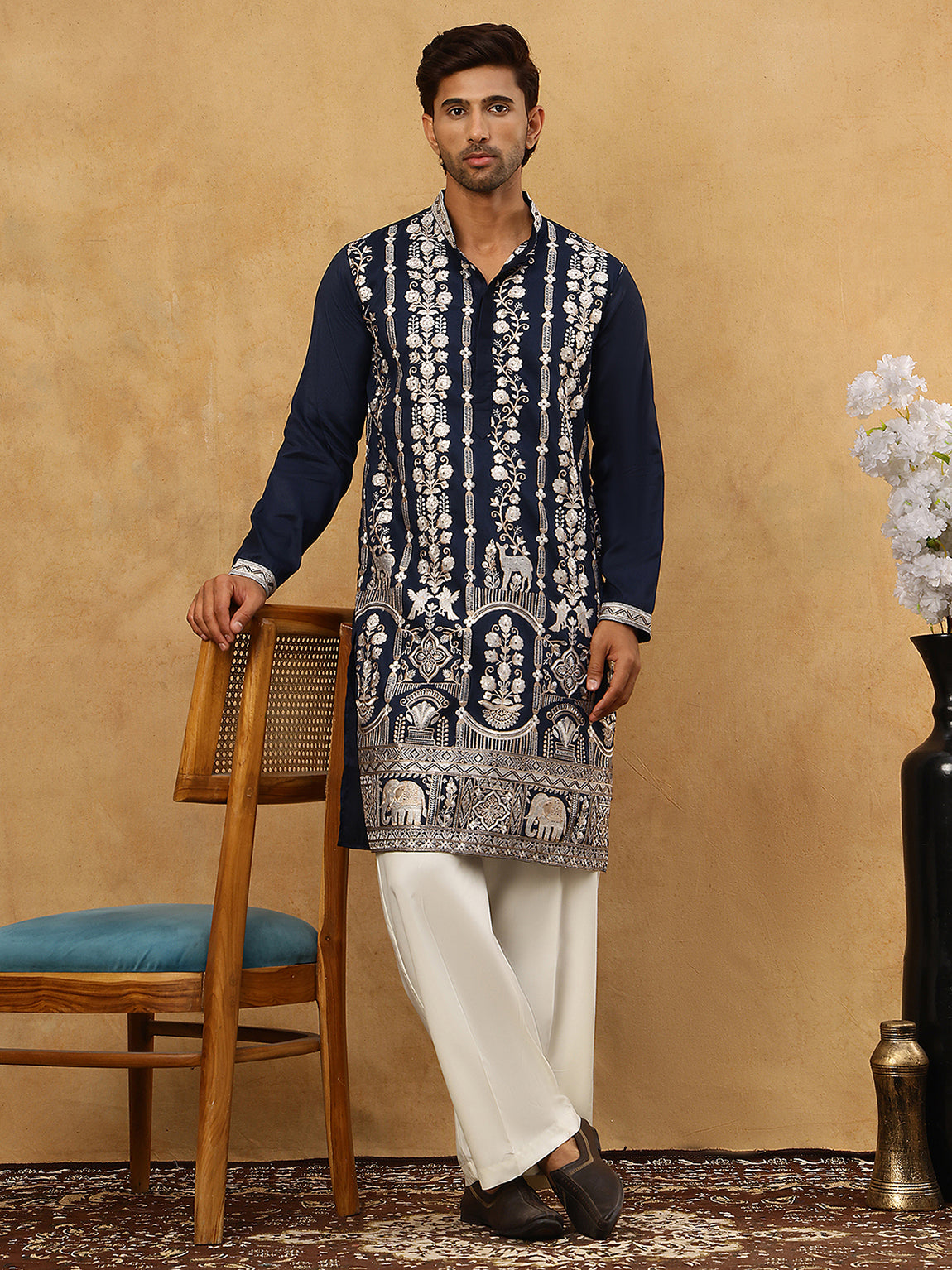 Men Silk Blend Embroidered Kurta Pyjama ( 65KP PJ11W 5415Navy )