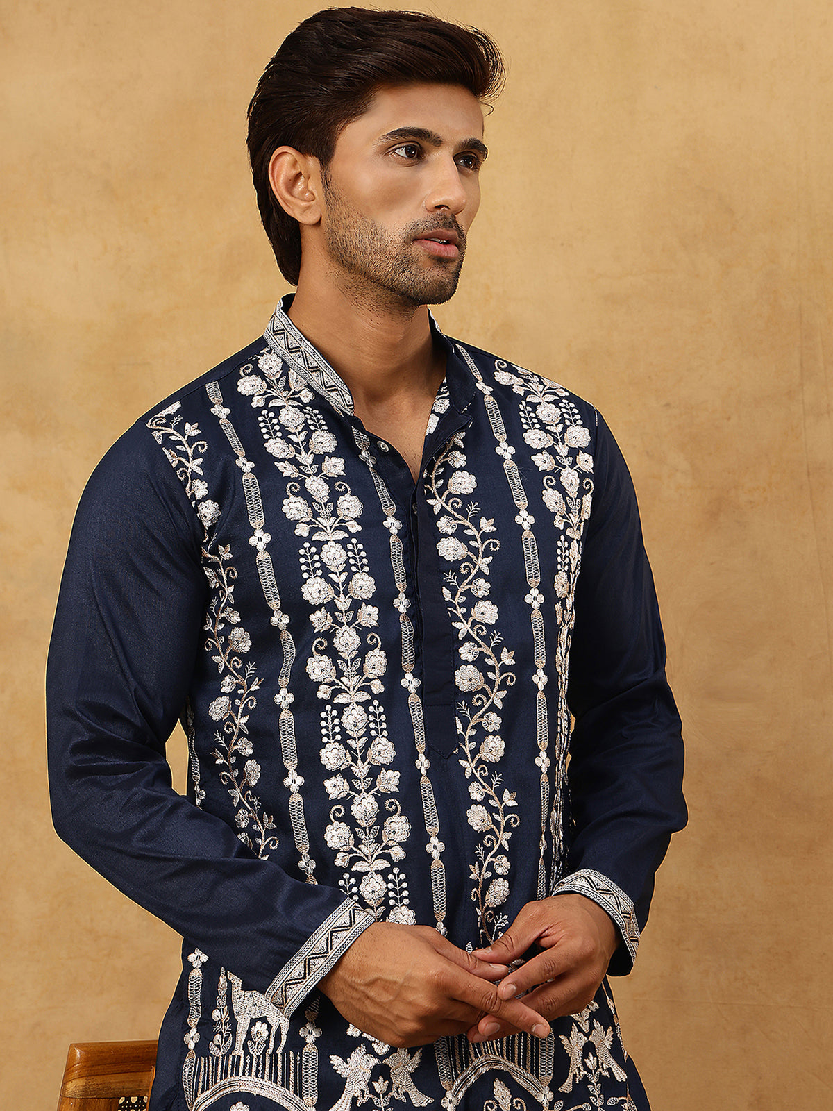Men Silk Blend Embroidered Kurta Pyjama ( 65KP PJ11W 5415Navy )