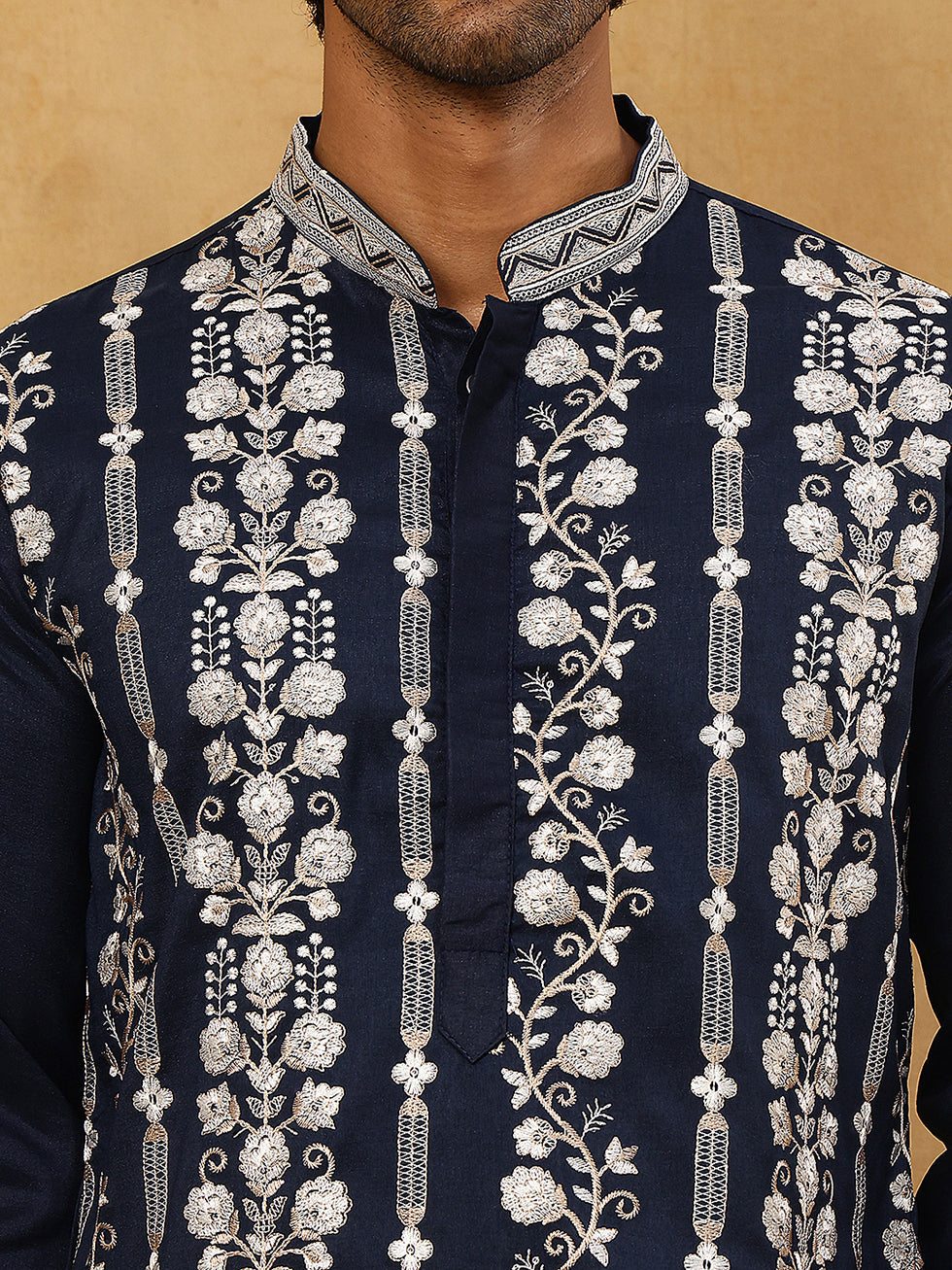 Men Silk Blend Embroidered Kurta Pyjama ( 65KP PJ11W 5415Navy )
