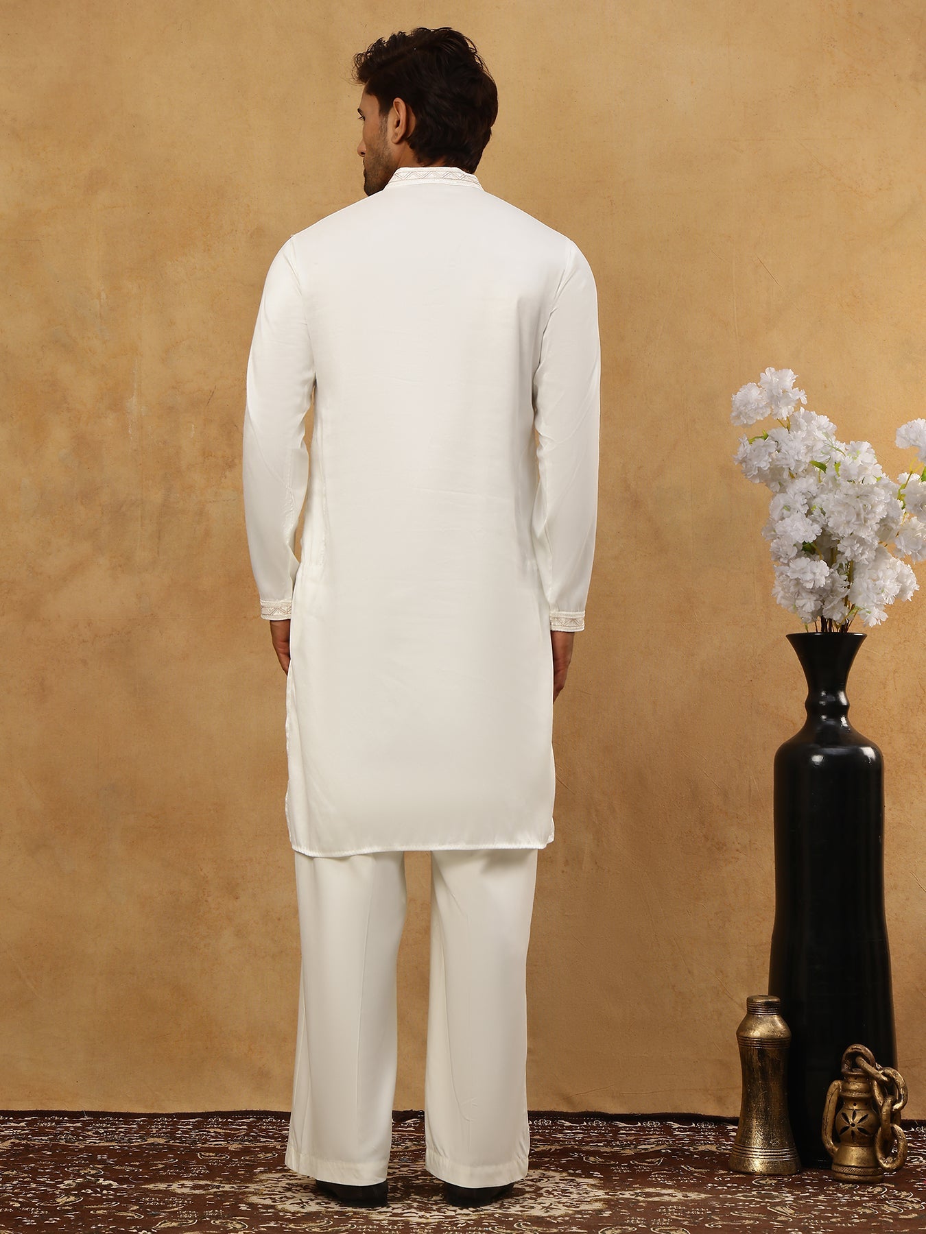 Men Silk Blend Embroidered Kurta Pyjama ( 65KP PJ11W 5415White )