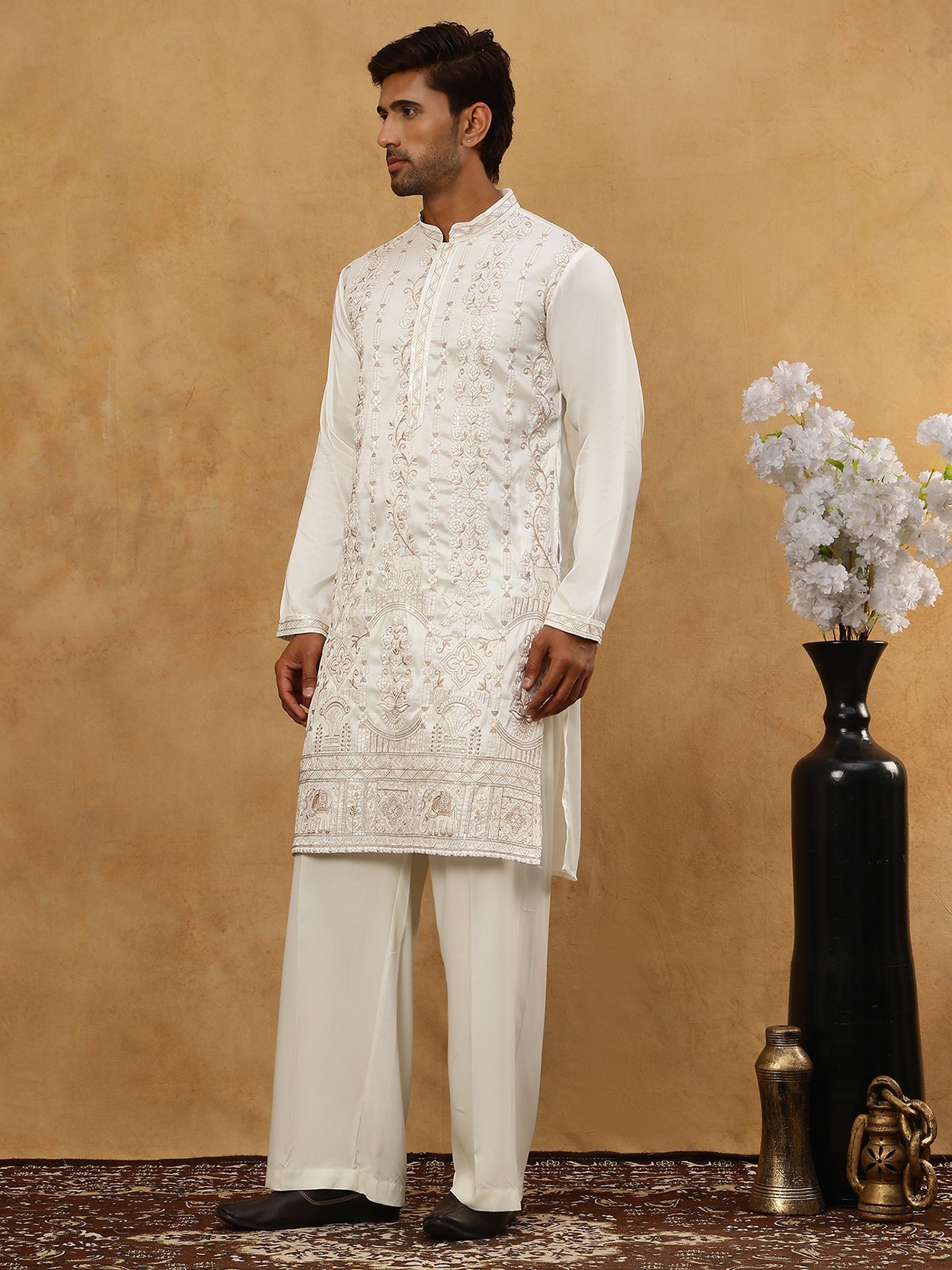 Men Silk Blend Embroidered Kurta Pyjama ( 65KP PJ11W 5415White )