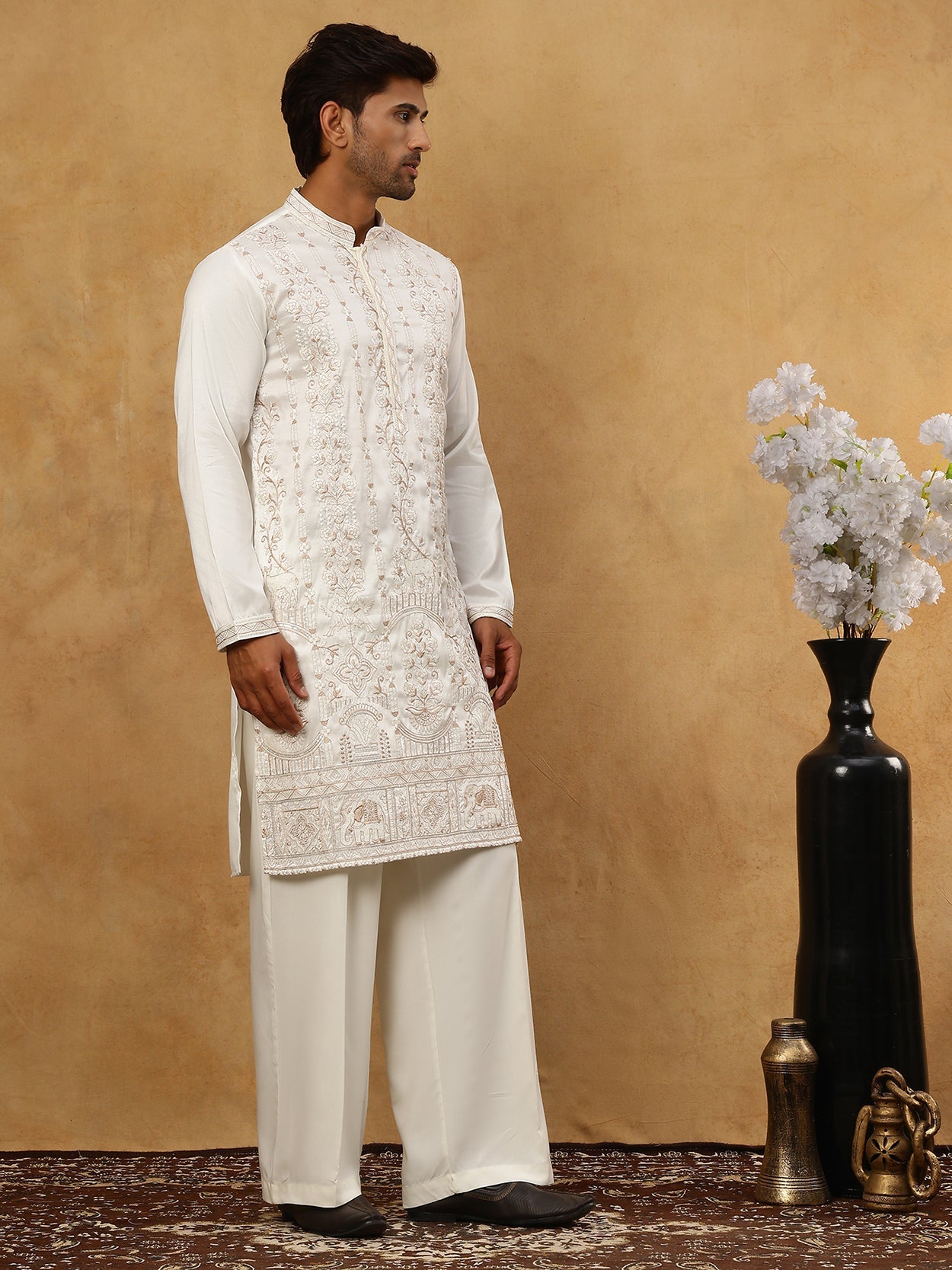 Men Silk Blend Embroidered Kurta Pyjama ( 65KP PJ11W 5415White )