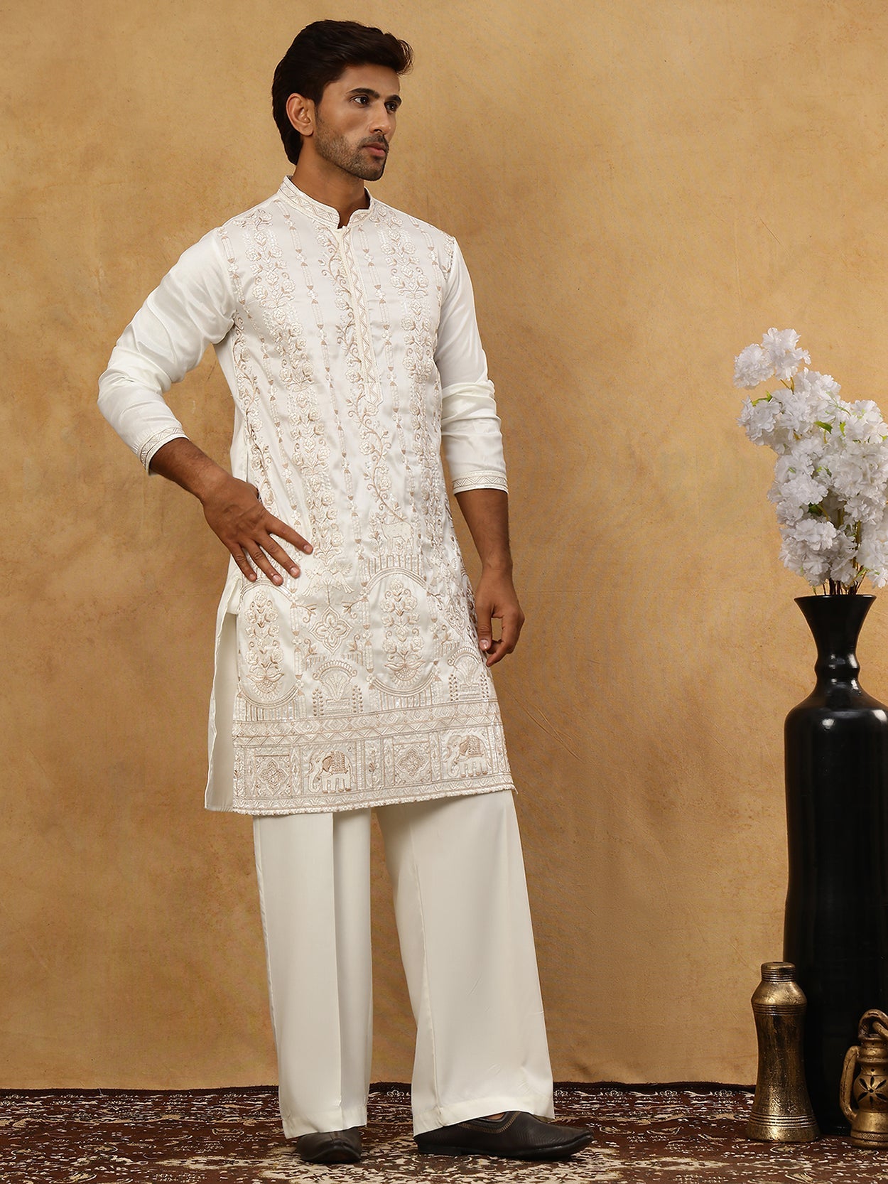 Men Silk Blend Embroidered Kurta Pyjama ( 65KP PJ11W 5415White )