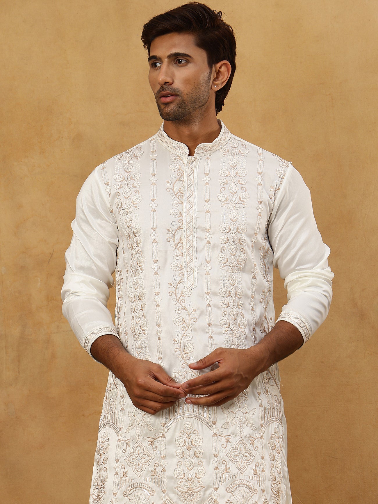 Men Silk Blend Embroidered Kurta Pyjama ( 65KP PJ11W 5415White )