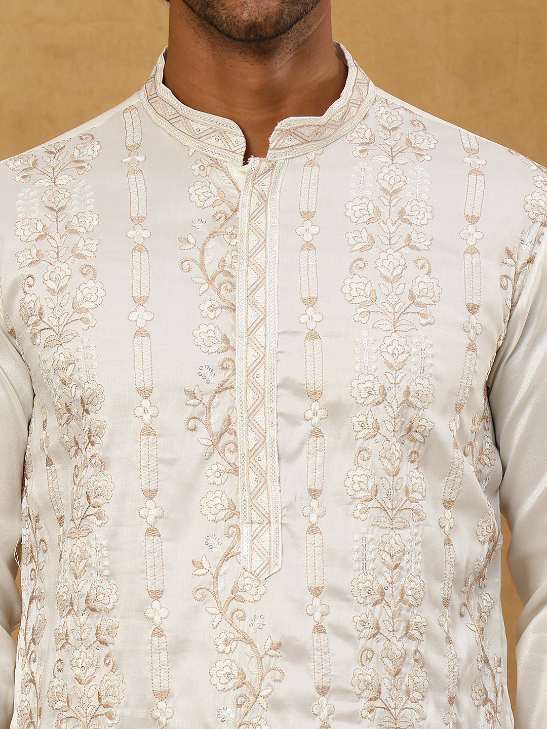 Men Silk Blend Embroidered Kurta Pyjama ( 65KP PJ11W 5415White )