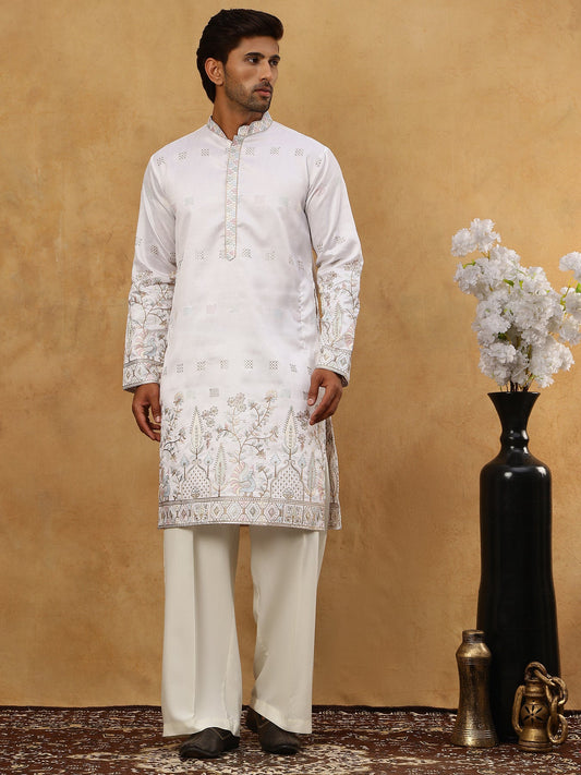Men Silk Blend Embroidered Kurta Pyjama Set ( 65KP PJ11W 5458White )