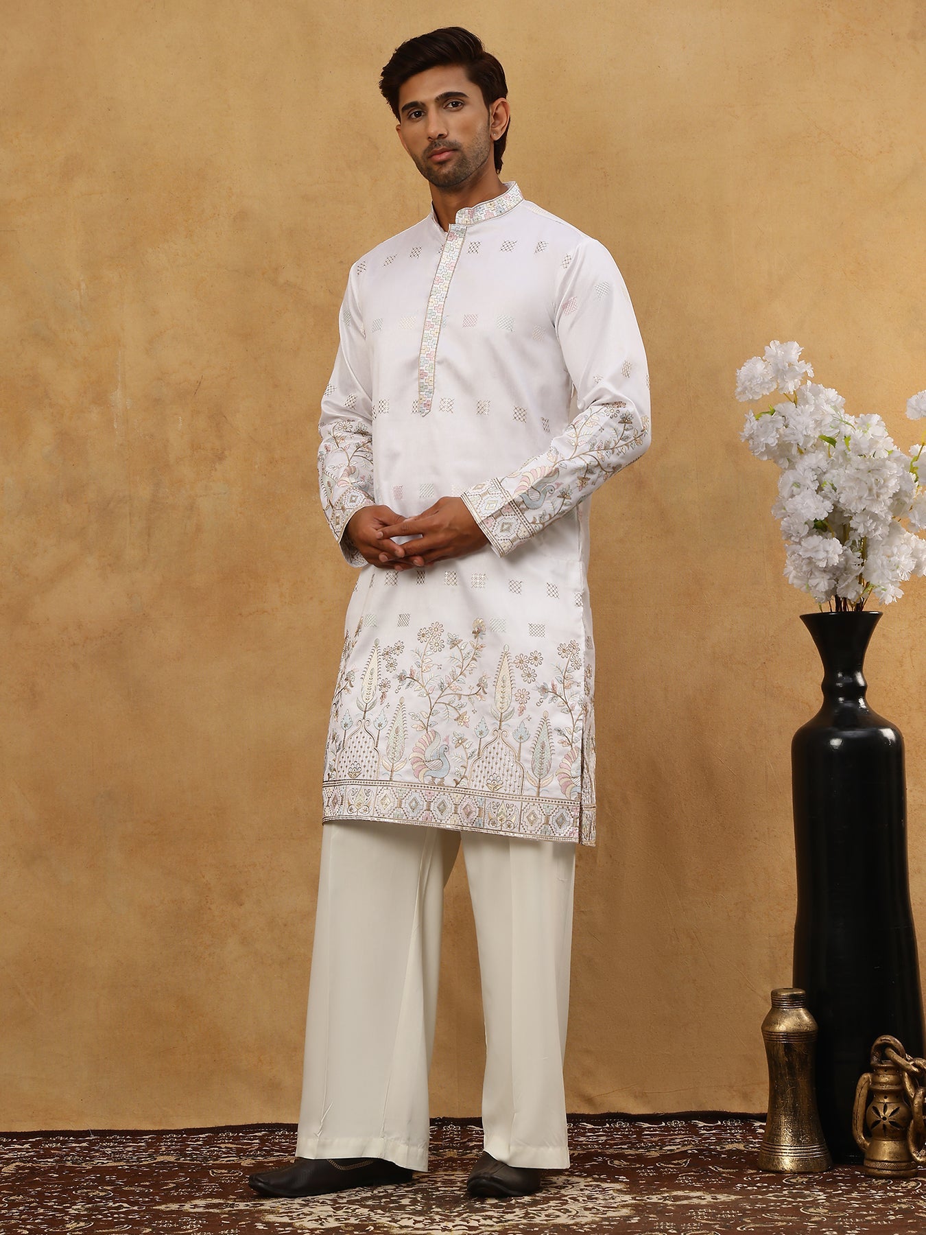 Men Silk Blend Embroidered Kurta Pyjama Set ( 65KP PJ11W 5458White )