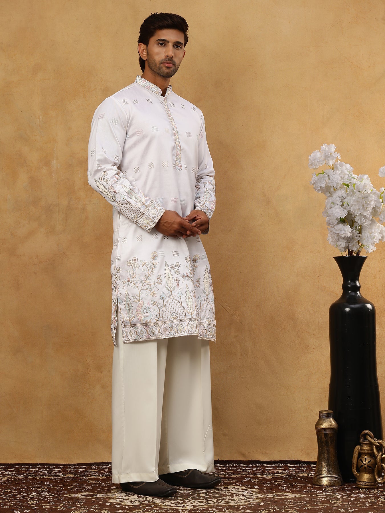 Men Silk Blend Embroidered Kurta Pyjama Set ( 65KP PJ11W 5458White )