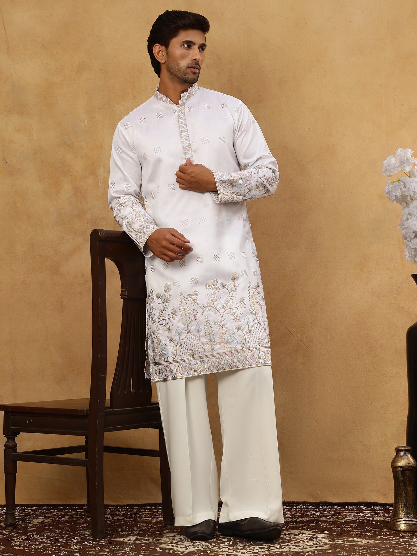 Men Silk Blend Embroidered Kurta Pyjama Set ( 65KP PJ11W 5458White )