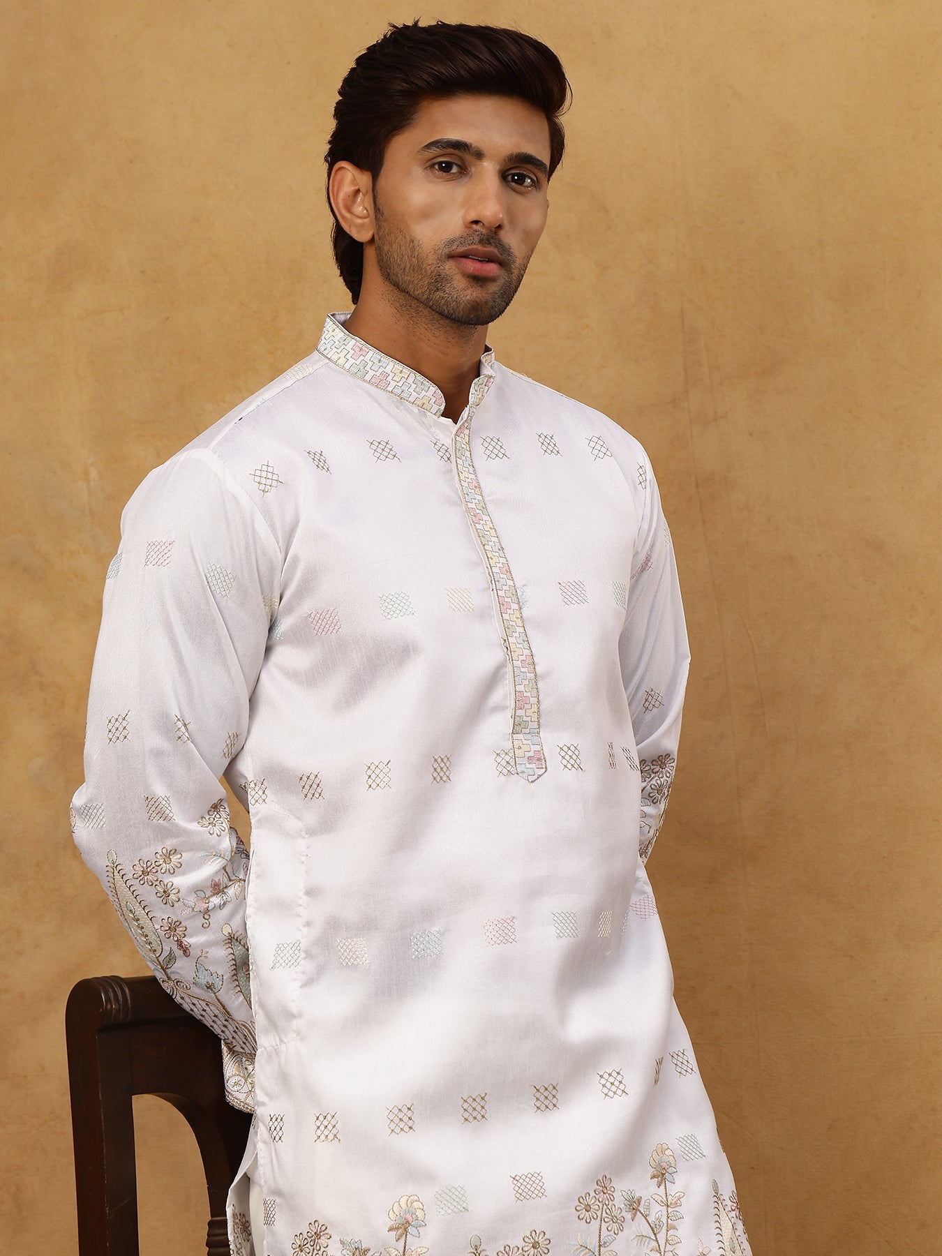 Men Silk Blend Embroidered Kurta Pyjama Set ( 65KP PJ11W 5458White )