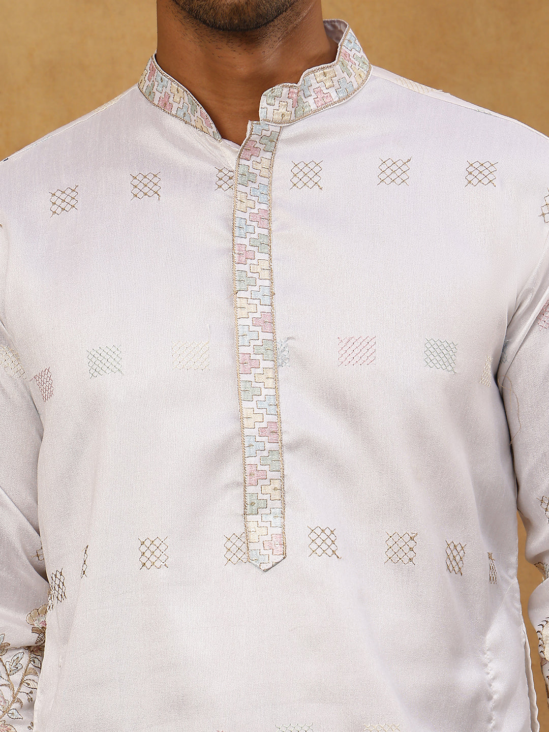 Men Silk Blend Embroidered Kurta Pyjama Set ( 65KP PJ11W 5458White )