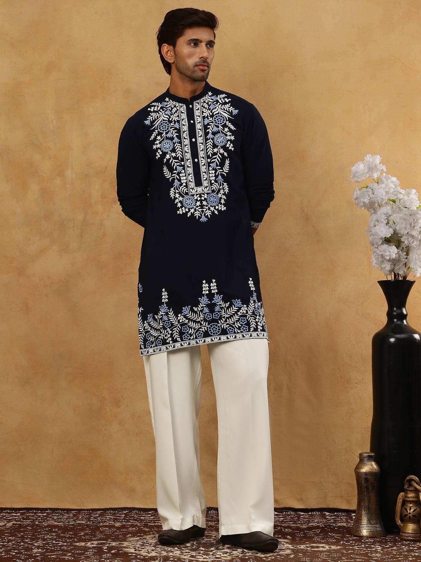 Men Japanese Fabric Embroidered Kurta Set ( 65KP PJ11W 5498Navy )