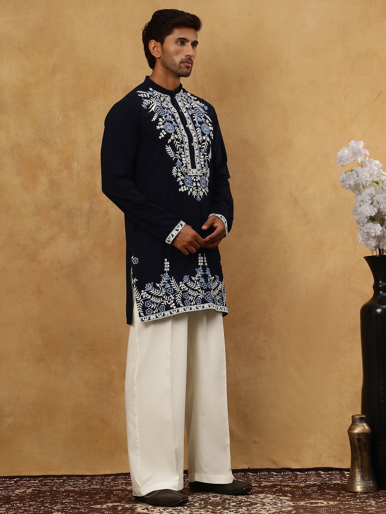 Men Japanese Fabric Embroidered Kurta Set ( 65KP PJ11W 5498Navy )