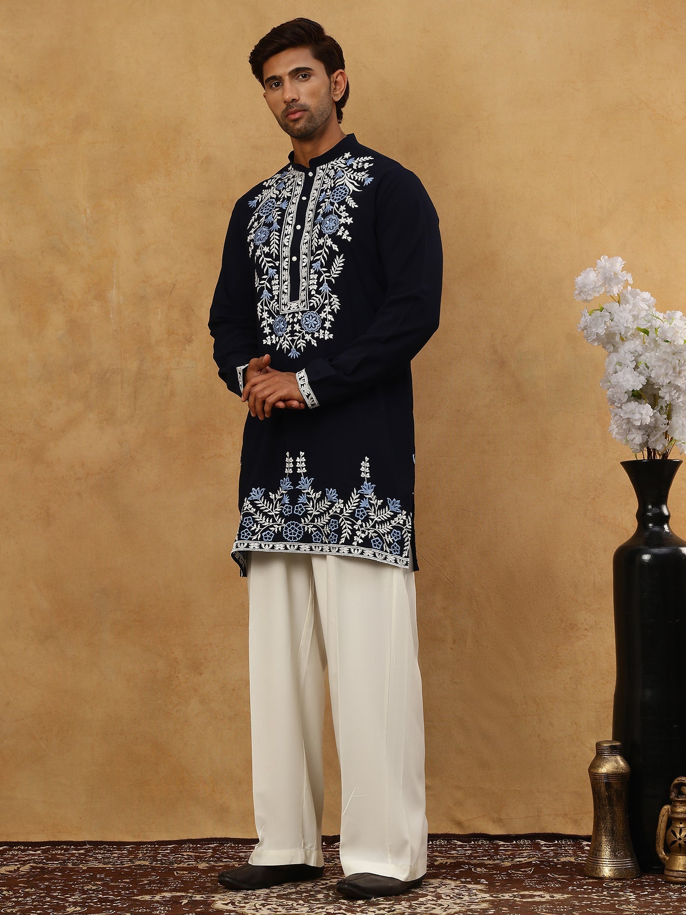 Men Japanese Fabric Embroidered Kurta Set ( 65KP PJ11W 5498Navy )