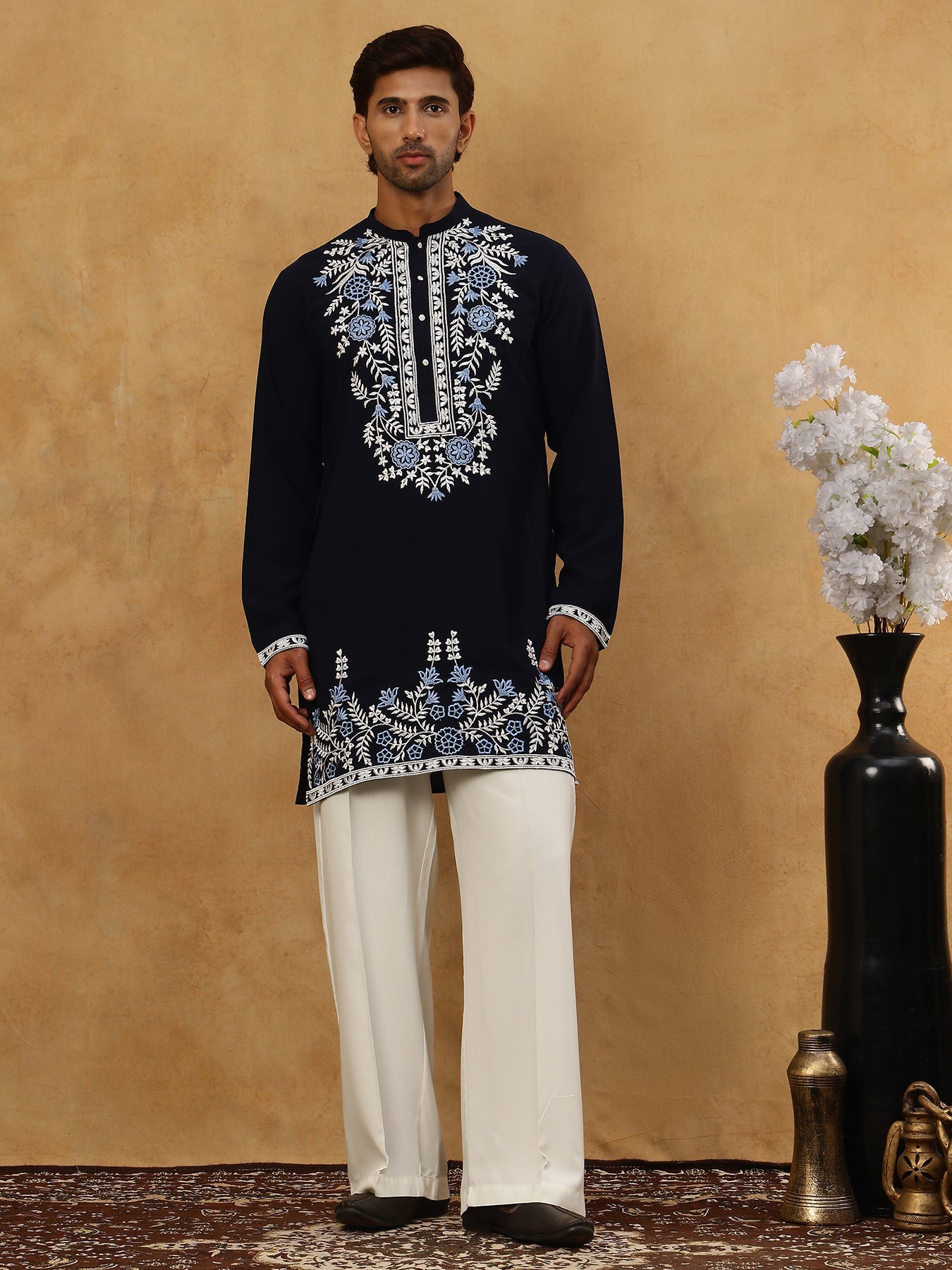 Men Japanese Fabric Embroidered Kurta Set ( 65KP PJ11W 5498Navy )