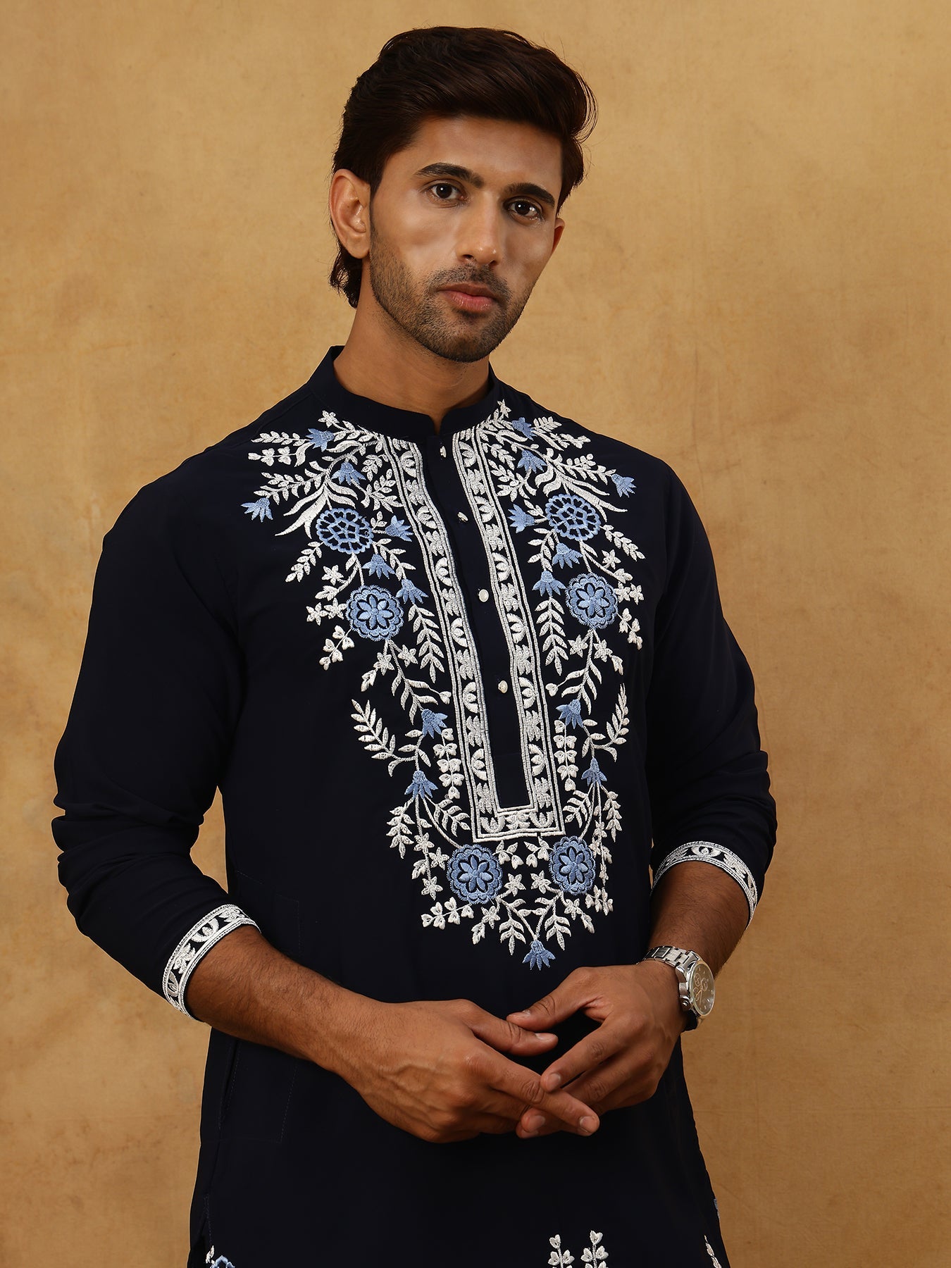 Men Japanese Fabric Embroidered Kurta Set ( 65KP PJ11W 5498Navy )