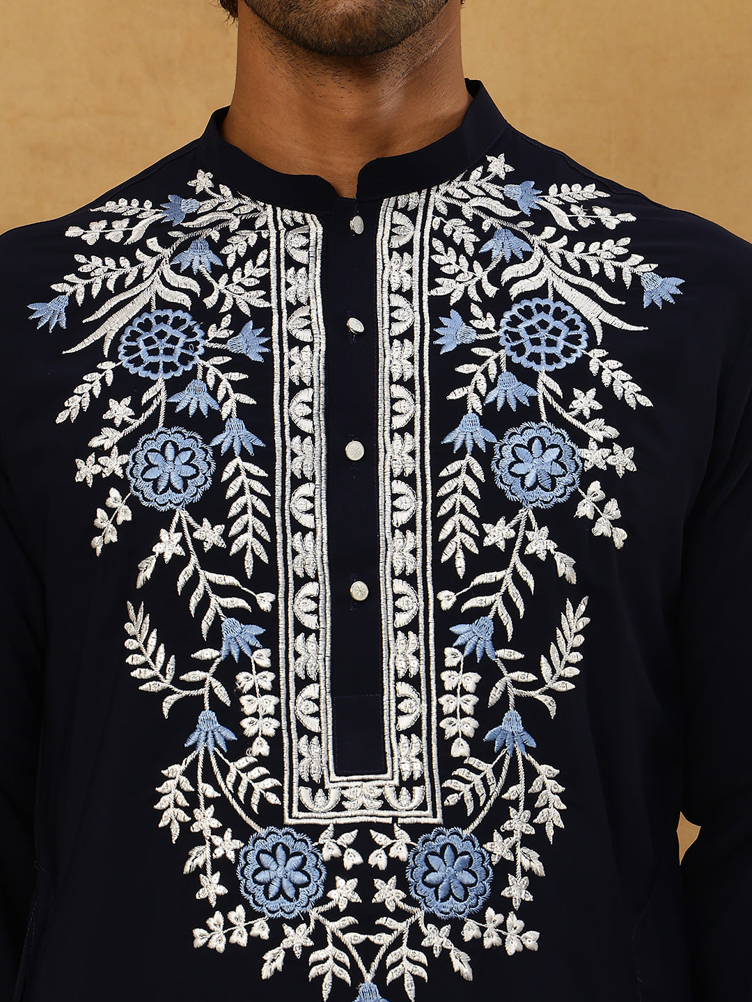 Men Japanese Fabric Embroidered Kurta Set ( 65KP PJ11W 5498Navy )
