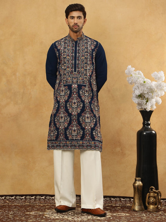 Embroidered Silk Blend Kurta Set ( 65KP PJ11W 5506Peacock )