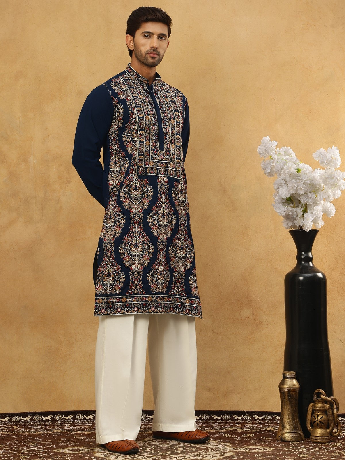 Embroidered Silk Blend Kurta Set ( 65KP PJ11W 5506Peacock )