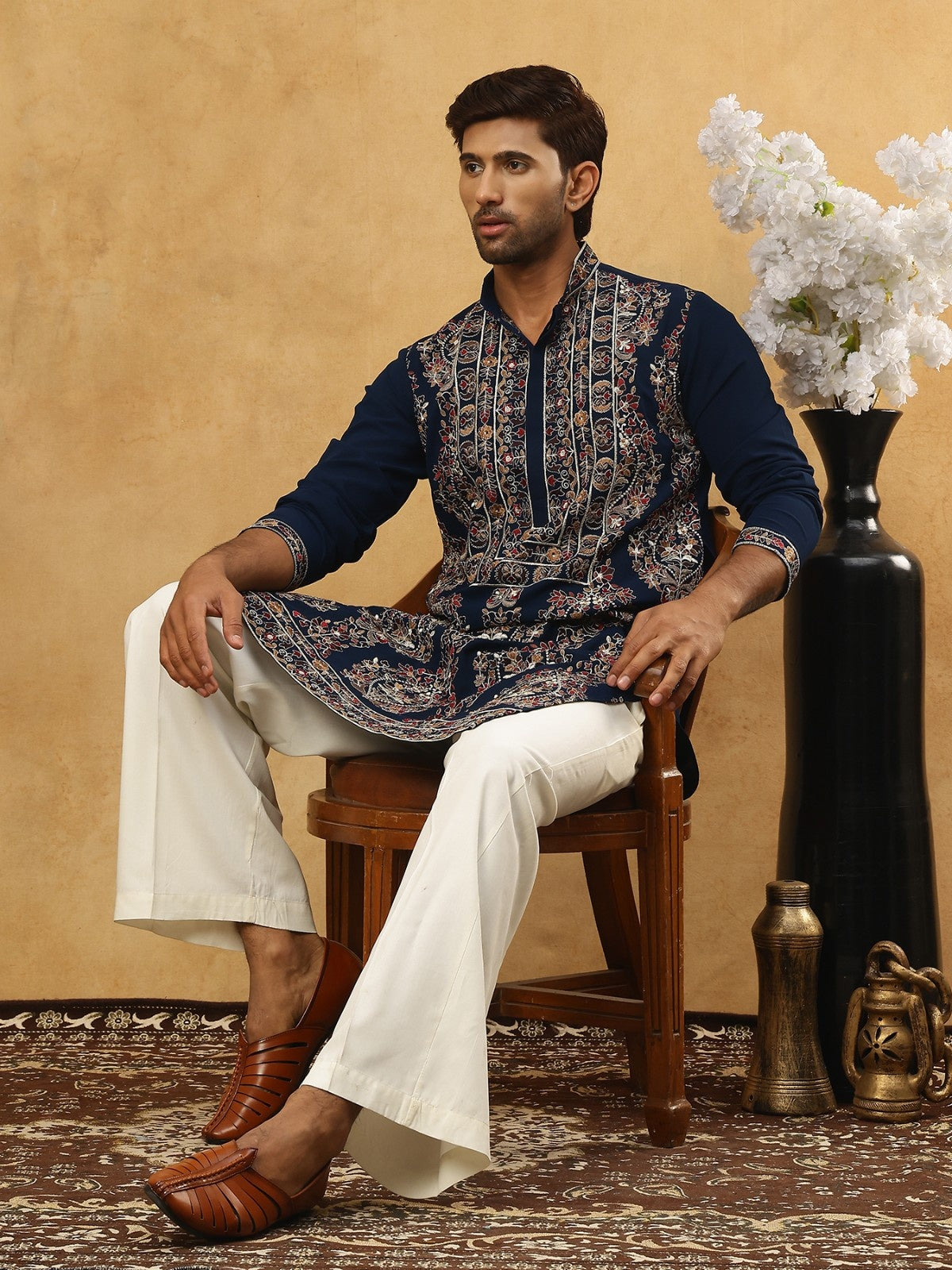 Embroidered Silk Blend Kurta Set ( 65KP PJ11W 5506Peacock )