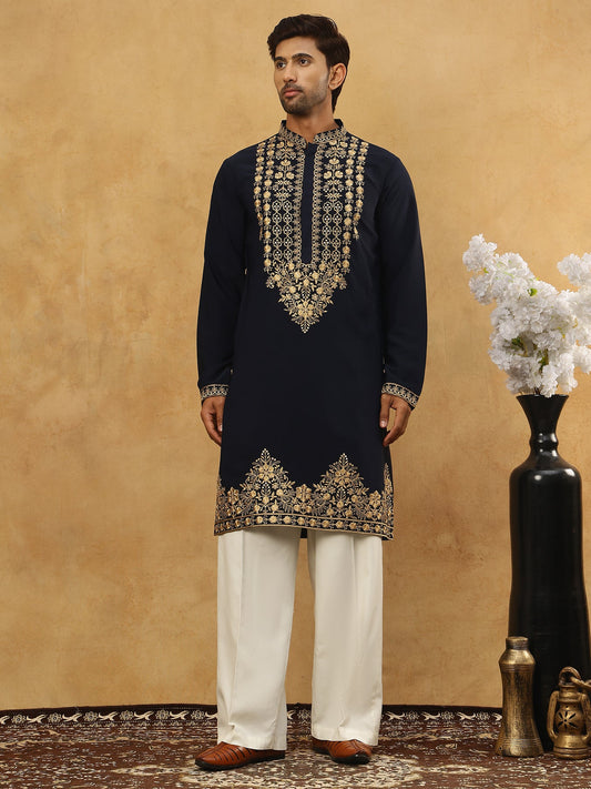 Men’s Japanese Embroidered Kurta Set ( 65KP PJ11W 5512Navy )