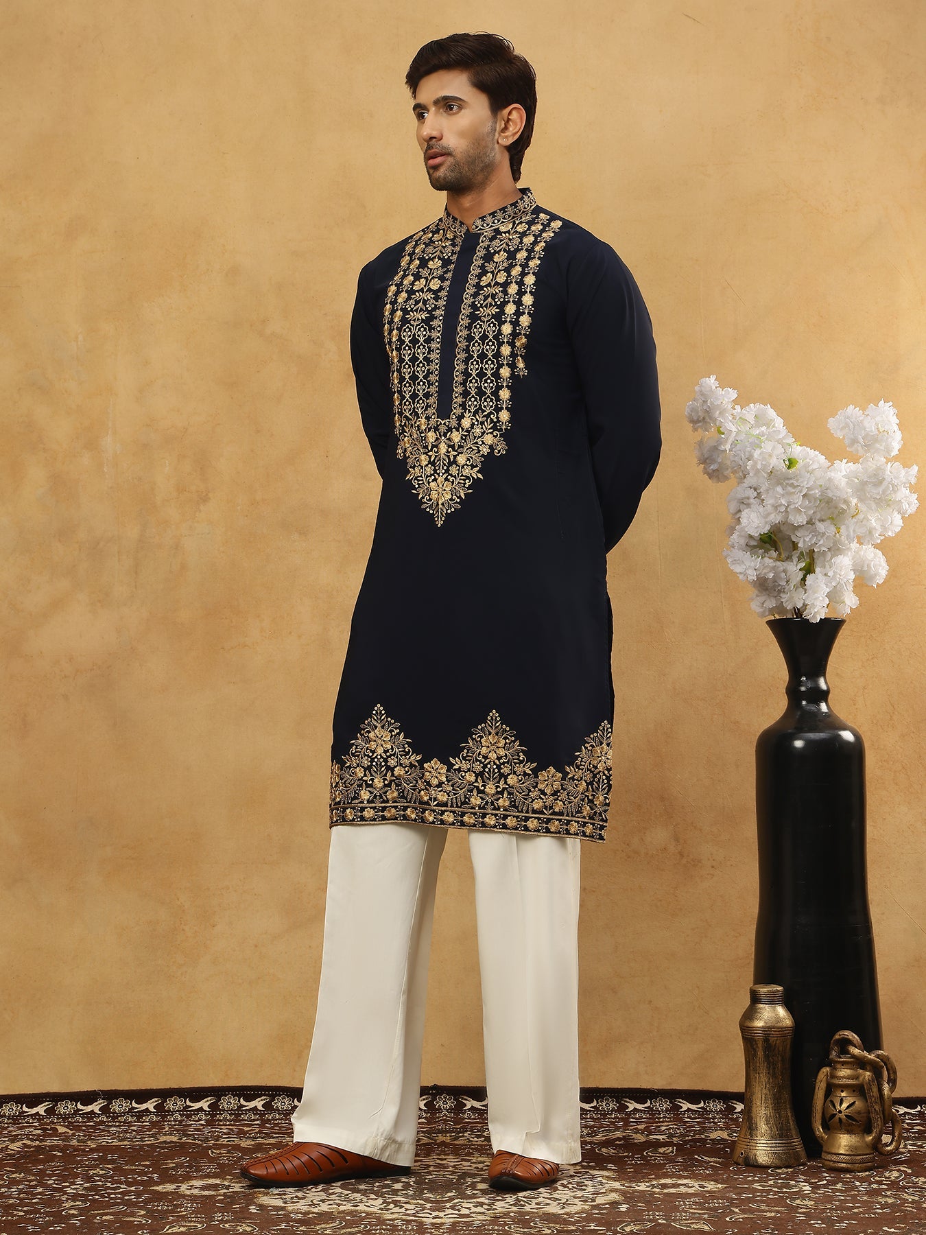 Men’s Japanese Embroidered Kurta Set ( 65KP PJ11W 5512Navy )