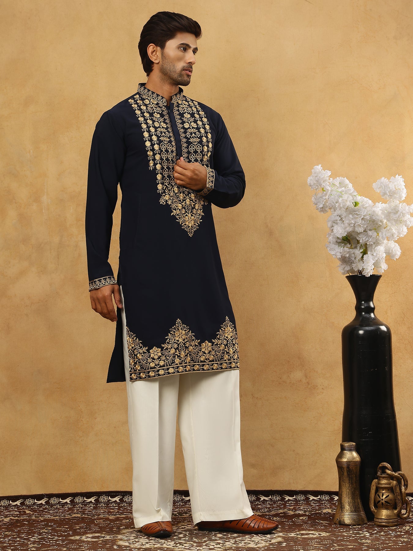 Men’s Japanese Embroidered Kurta Set ( 65KP PJ11W 5512Navy )