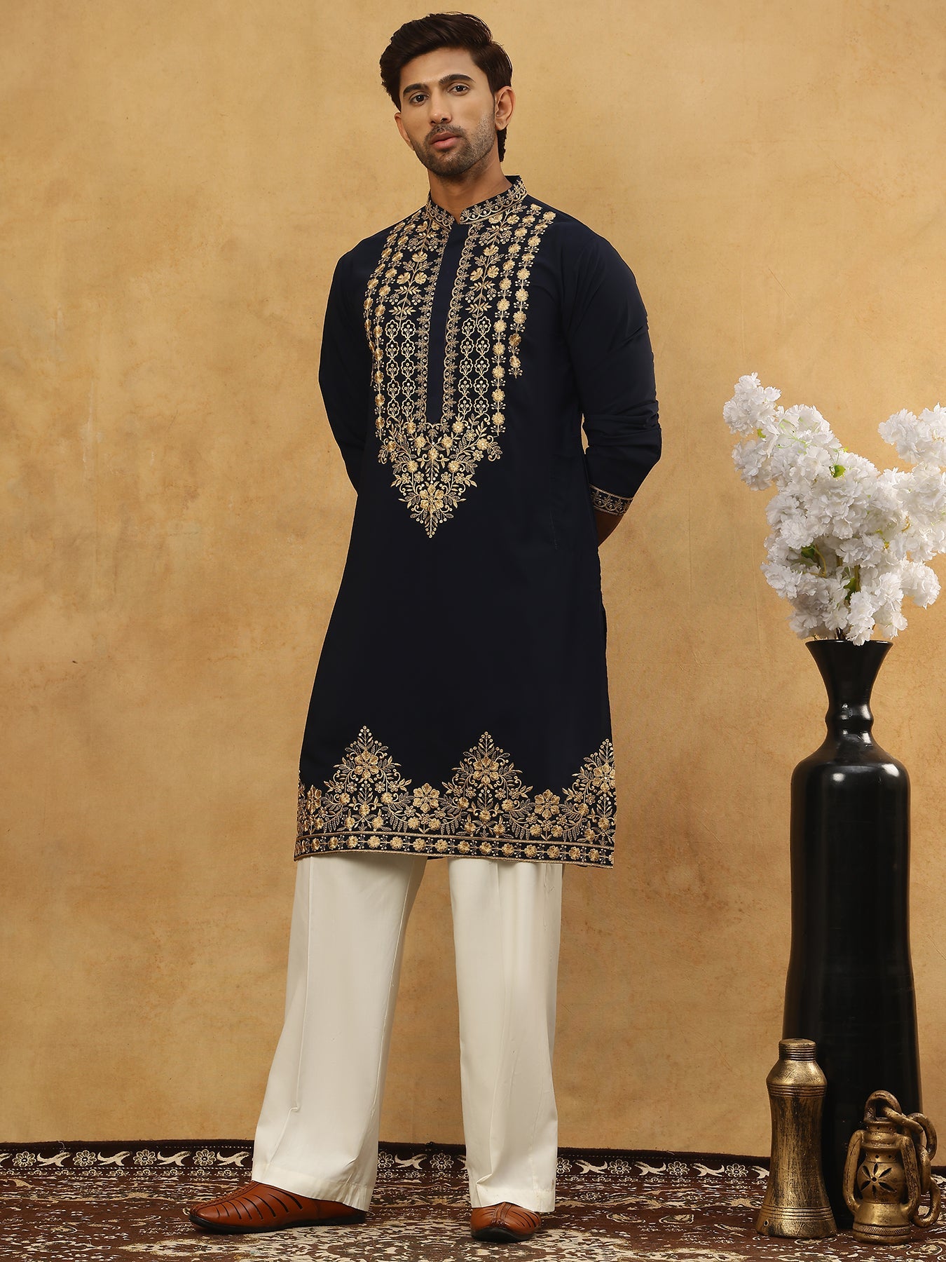 Men’s Japanese Embroidered Kurta Set ( 65KP PJ11W 5512Navy )