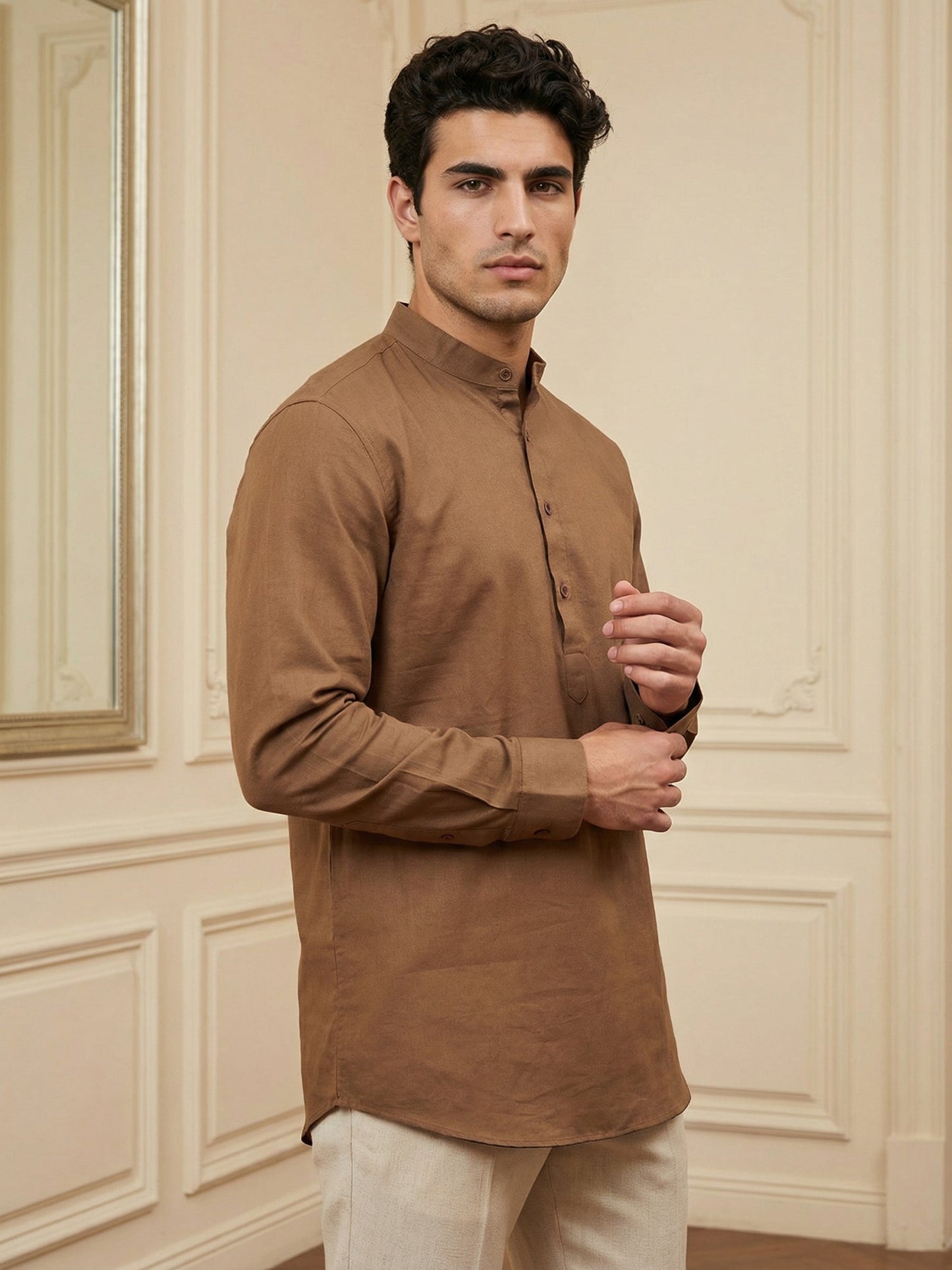 Men’s Solid Pure Cotton Short Kurta ( 65SK 5398Brown ) [FF] [P-16]